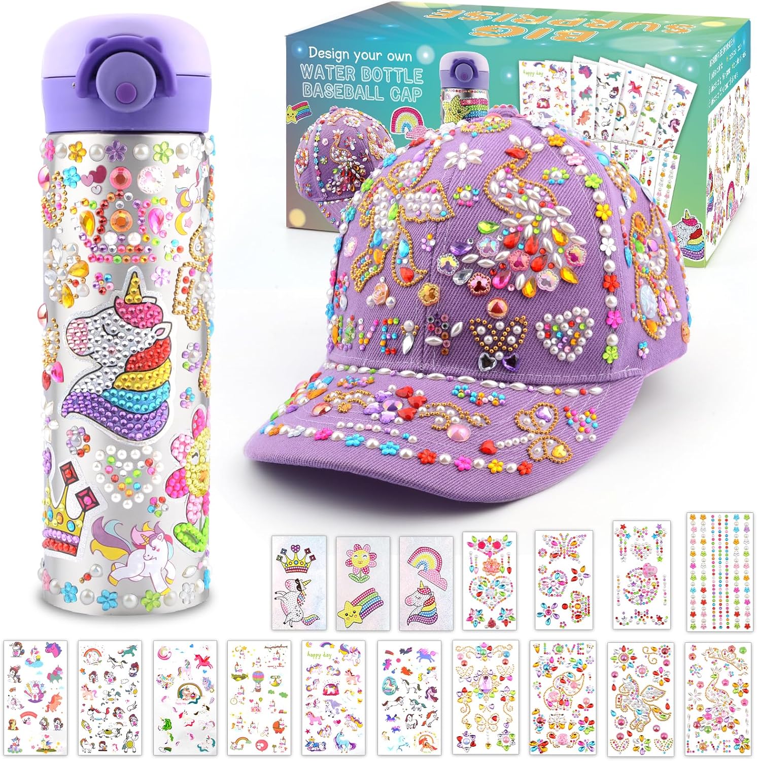 Regalos de manualidades para niñas y niños de 6 a 12 años, decora tu propia botella de agua de 17 onzas, gorra de béisbol con 17 hojas de gemas de