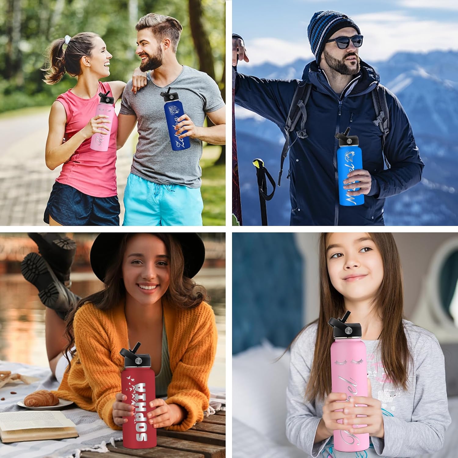 GBVllexuii Botellas de agua personalizadas de acero inoxidable con tapa de pajilla, botella de agua deportiva aislada de 32 onzas con nombre grabado