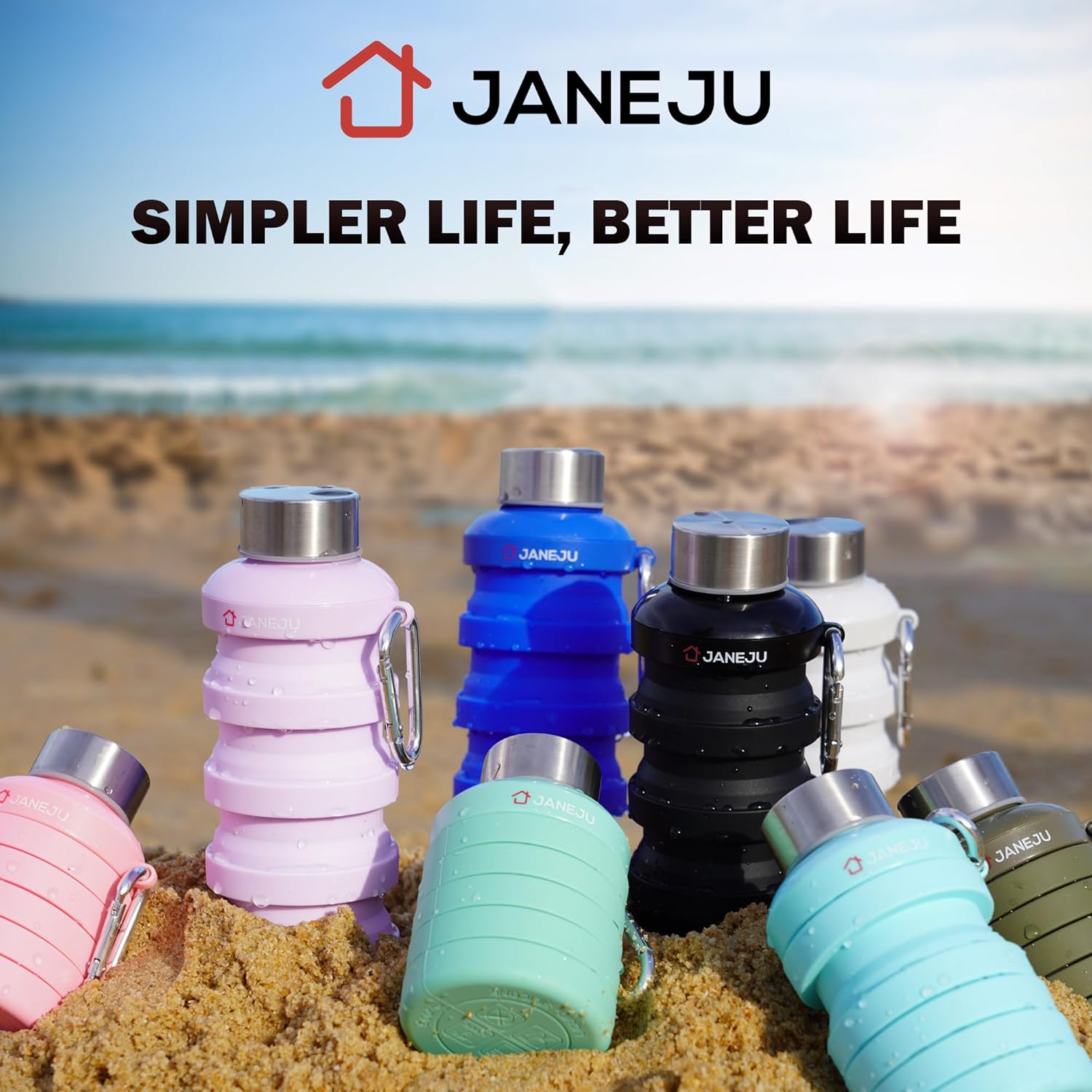 JaneJu – Botella de agua plegable de 17 onzas, sin BPA, reutilizable, portátil, ligera, plegable, con mosquetón, botella de agua deportiva portátil