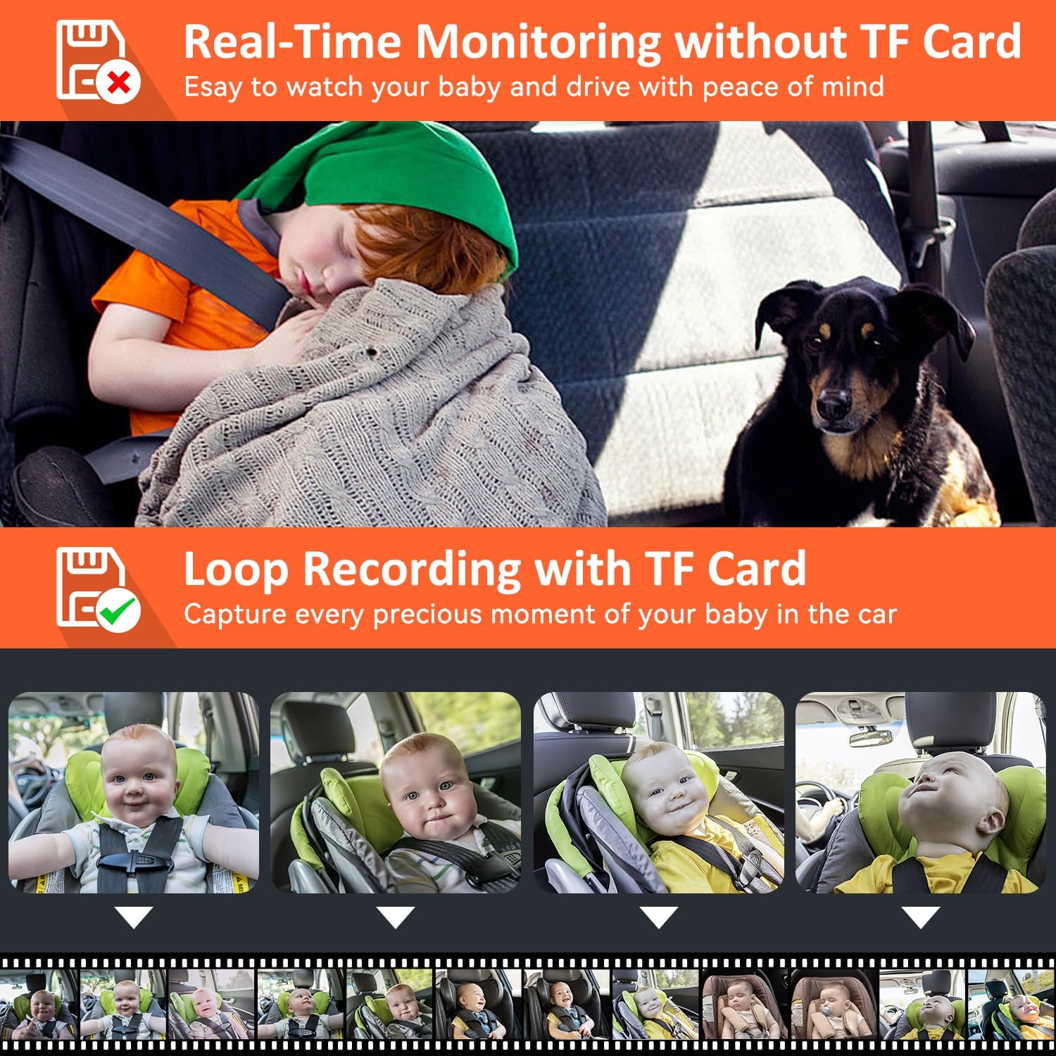 Cámara de coche para bebé HD 1440P, monitor de coche de bebé de 5 pulgadas con cámara de visión nocturna a todo color, espejo de seguridad infantil