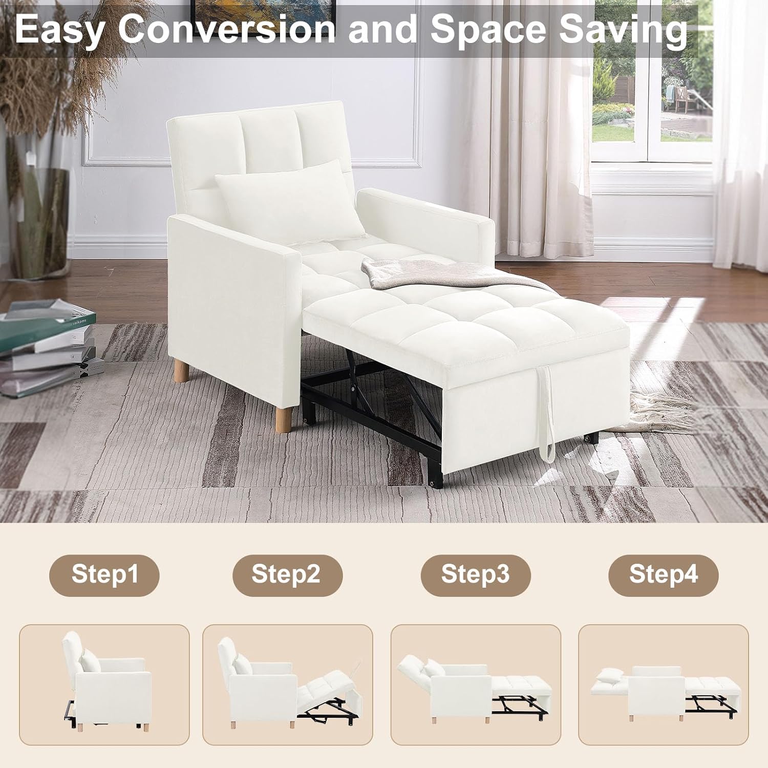 Silla convertible cama, silla convertible 3 en 1, sofá cama, sofá multifuncional con respaldo y bolsillo ajustables, silla extraíble para sala de