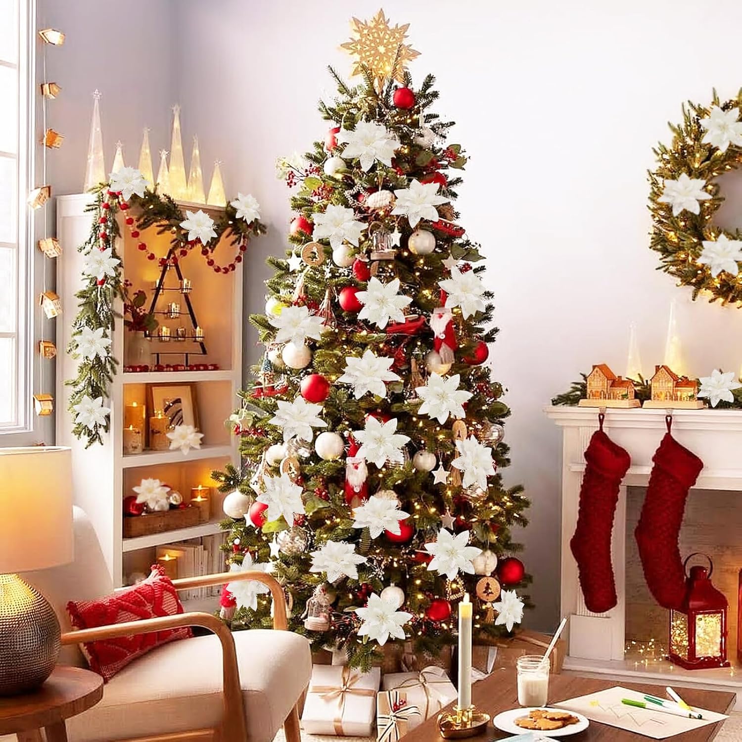 Serwalin 20 flores de Navidad artificiales blancas de 5.5 pulgadas, decoraciones con clips, tallos con purpurina, adornos de árbol de Navidad, boda,