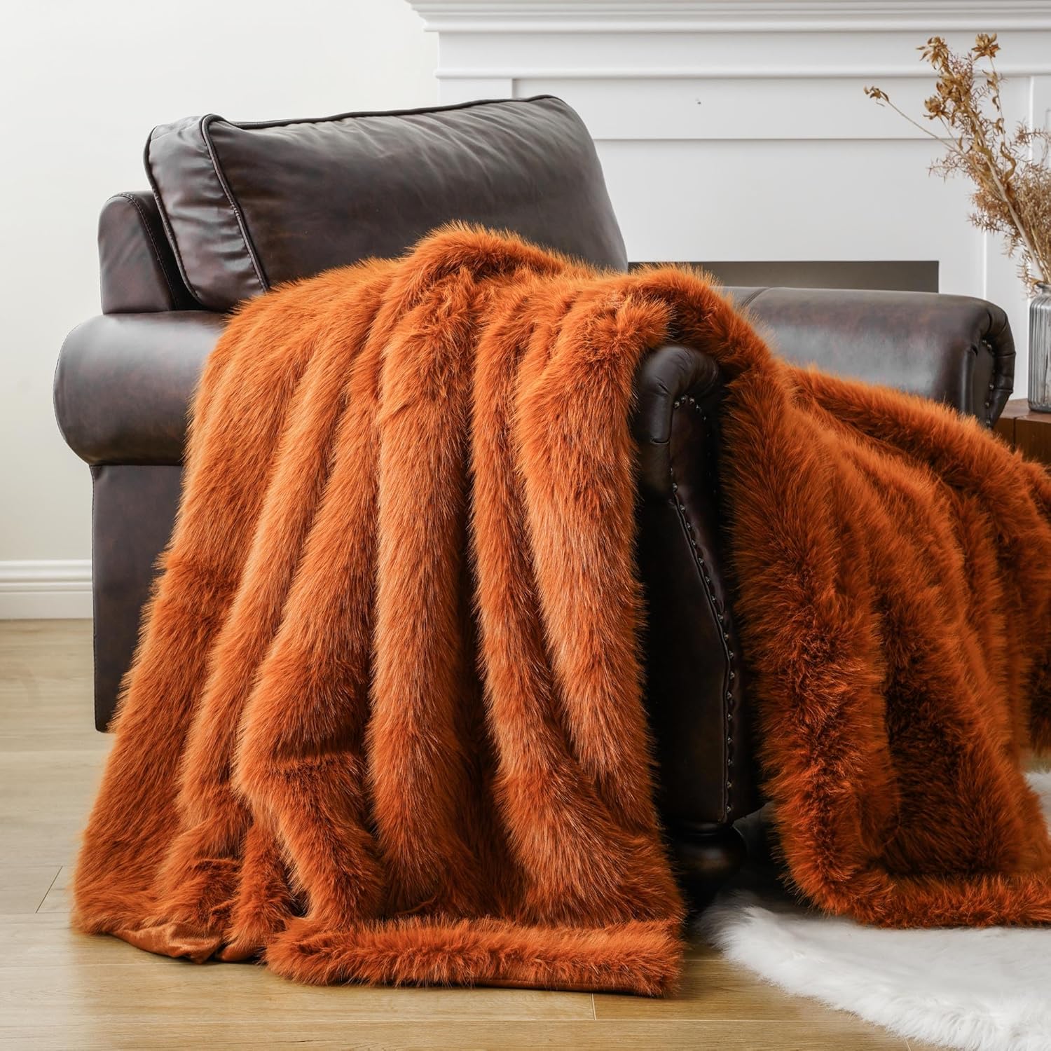 BATTILO HOME Manta de lujo de piel sintética de otoño, manta de piel naranja óxido para sofá, silla, cama, felpa suave, cálida y acogedora manta de