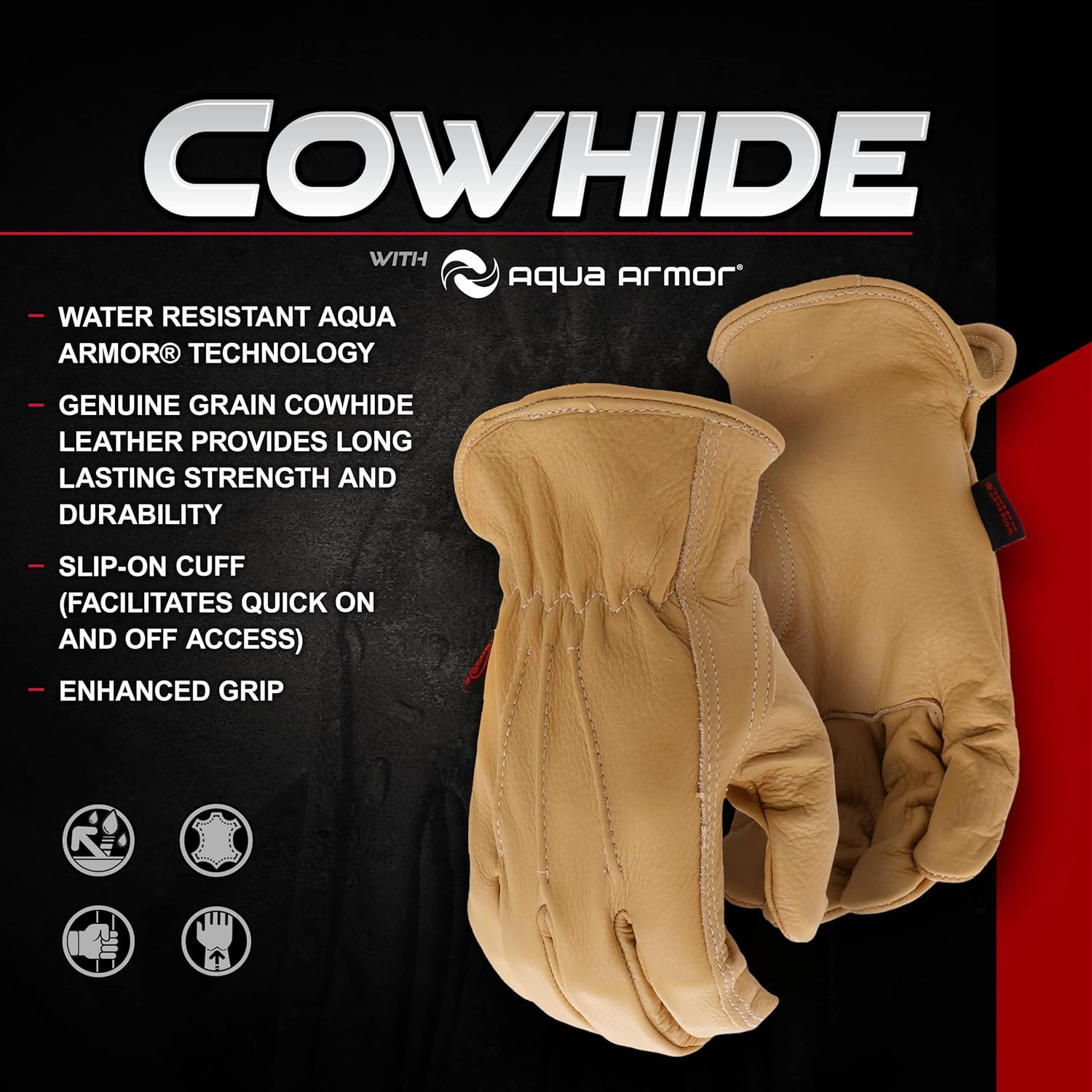 BOSS Men’s AquaArmor Durable Cowhide Leather Work Gloves