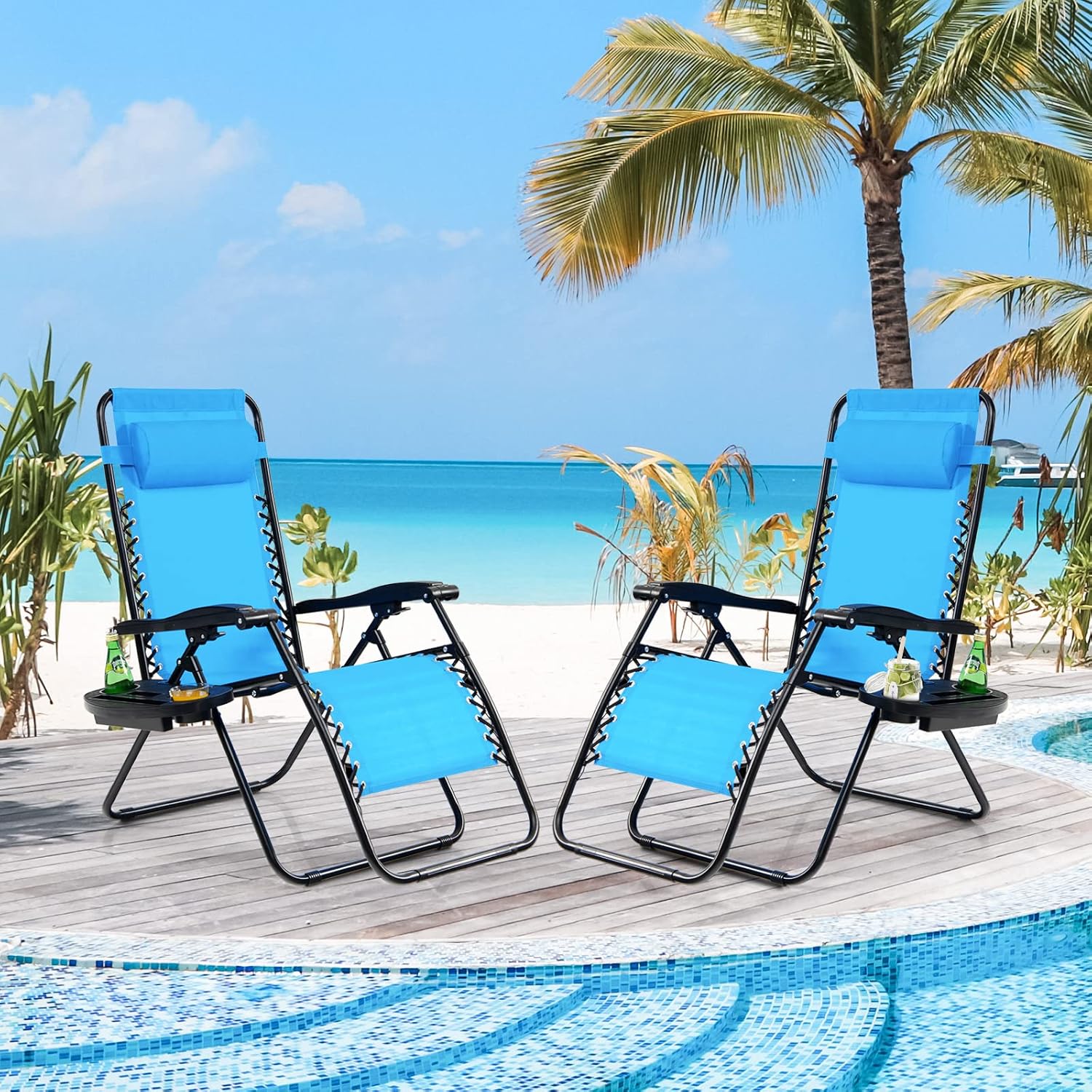 Tangkula Juego de 2 sillas de gravedad cero, silla plegable para patio, reclinable, ajustable, con soporte para tazas, reposabrazos anchos para