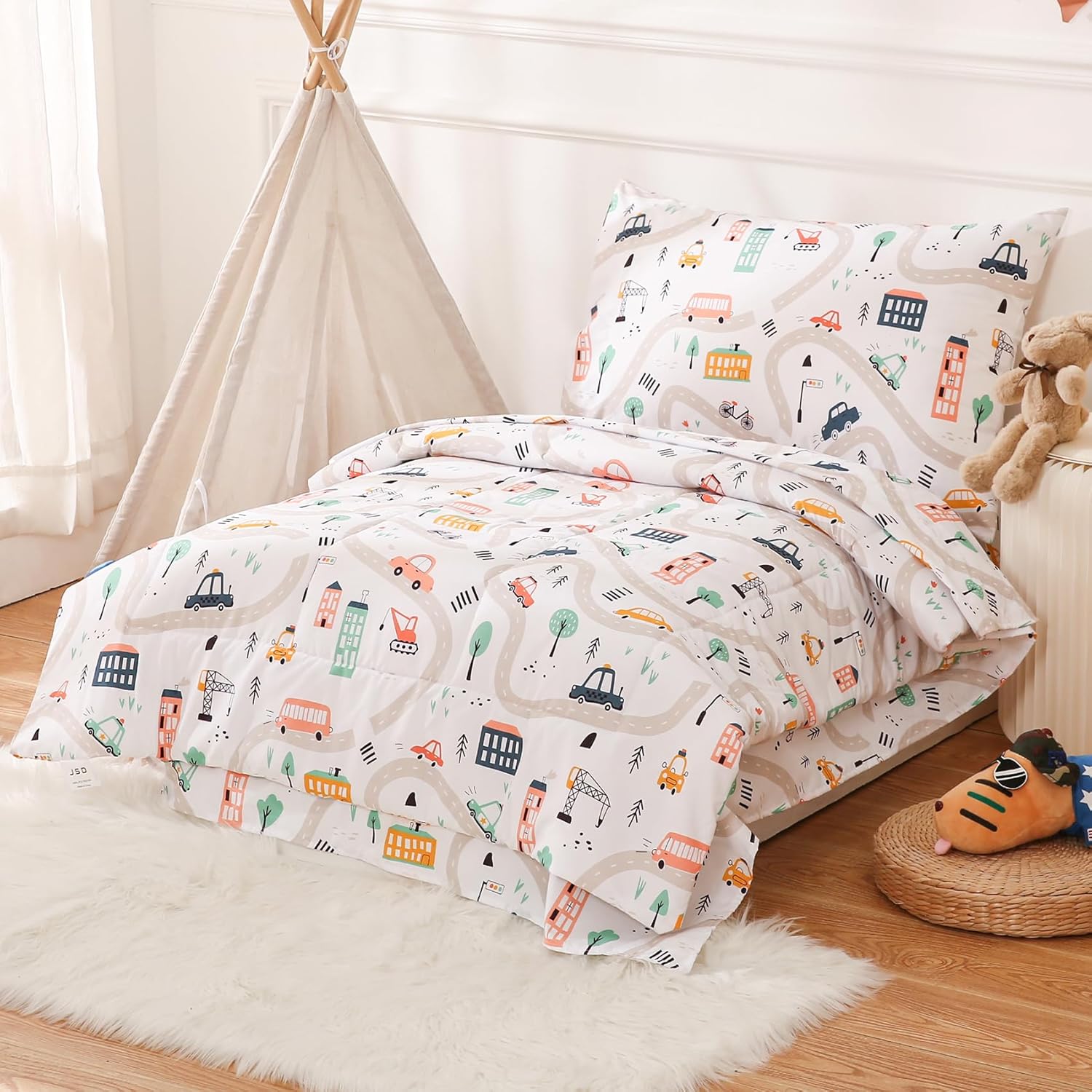 JSD Juego de ropa de cama de 4 piezas con estampado de coches para niños y niñas, incluye sábana encimera, sábana bajera, edredón acolchado y funda