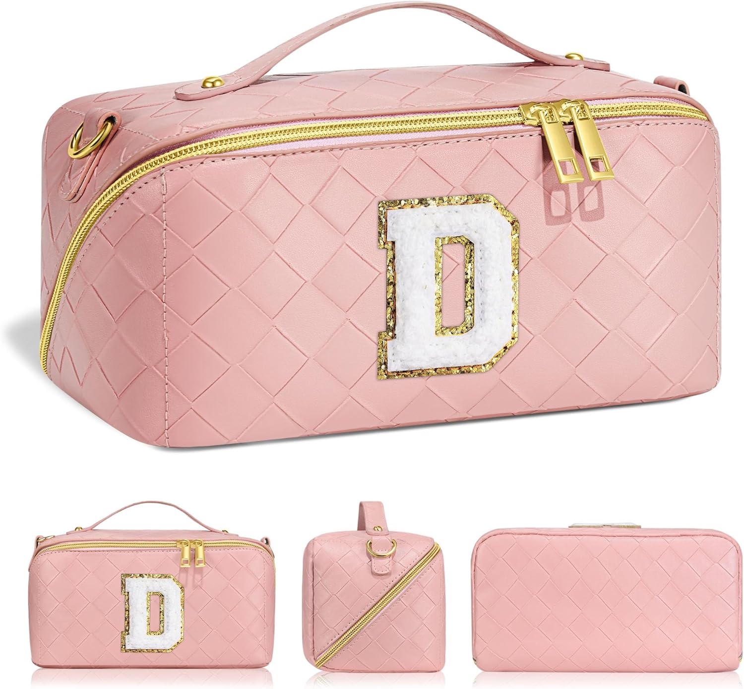Bolsa de cosméticos de viaje de gran capacidad  Bolsa de maquillaje portátil con inicial para mujer, bolsa organizadora de maquillaje de piel