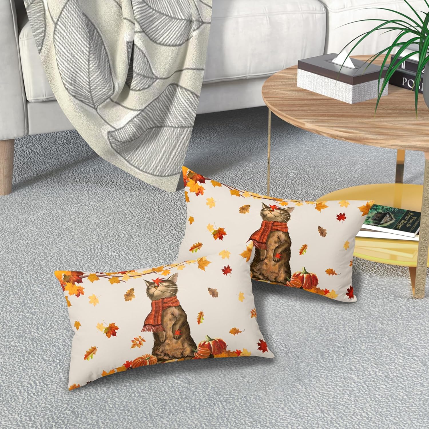 Juego de 2 fundas de almohada lumbar de otoño de 12 x 20 pulgadas con hojas de arce naranja y calabaza, juego de 2 fundas de cojín de lino de Acción
