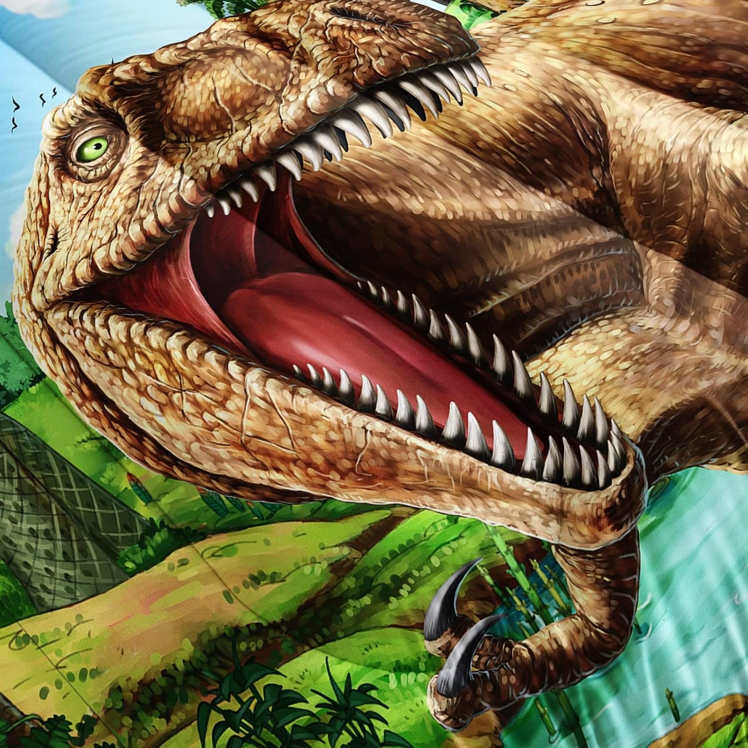 Juego de edredón de dinosaurio 3D tamaño matrimonial para niños y niños, juego de ropa de cama de dinosaurio Jurassic Jungle de 3 piezas, incluye 1