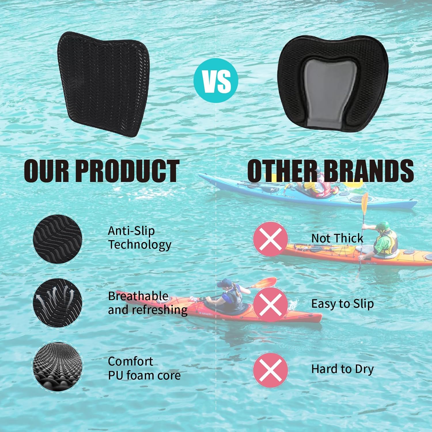 LINGVUM Cojín de asiento de kayak suave e impermeable para sentarse durante mucho tiempo, cómodos accesorios de kayak para kayak, canoa, barco, negro