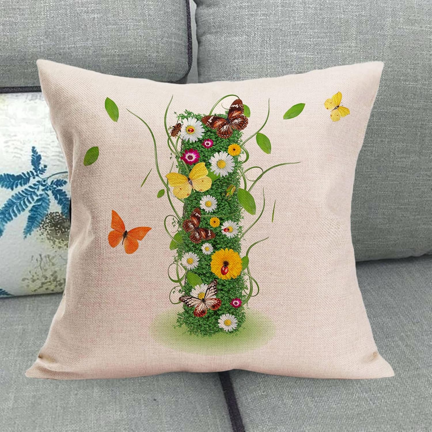 Fundas de almohada de 18 x 18 pulgadas, fundas de almohada de verano para exteriores, diseño de pétalos de hierba, monograma, letras del alfabeto