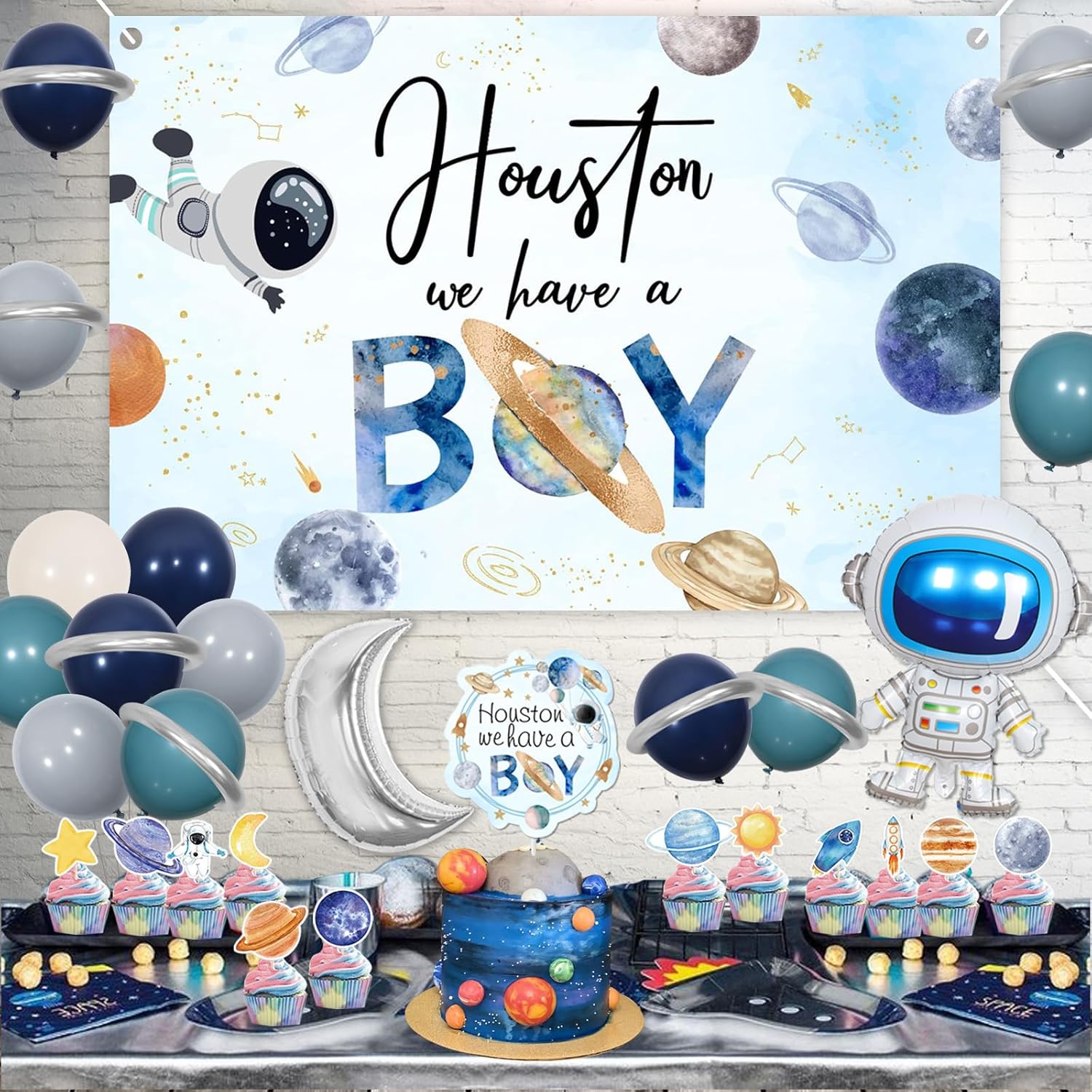 Decoraciones para baby shower del espacio exterior para niño, decoración de cupcakes de astronauta espacial, Houston We Have a Boy Baby Shower telón