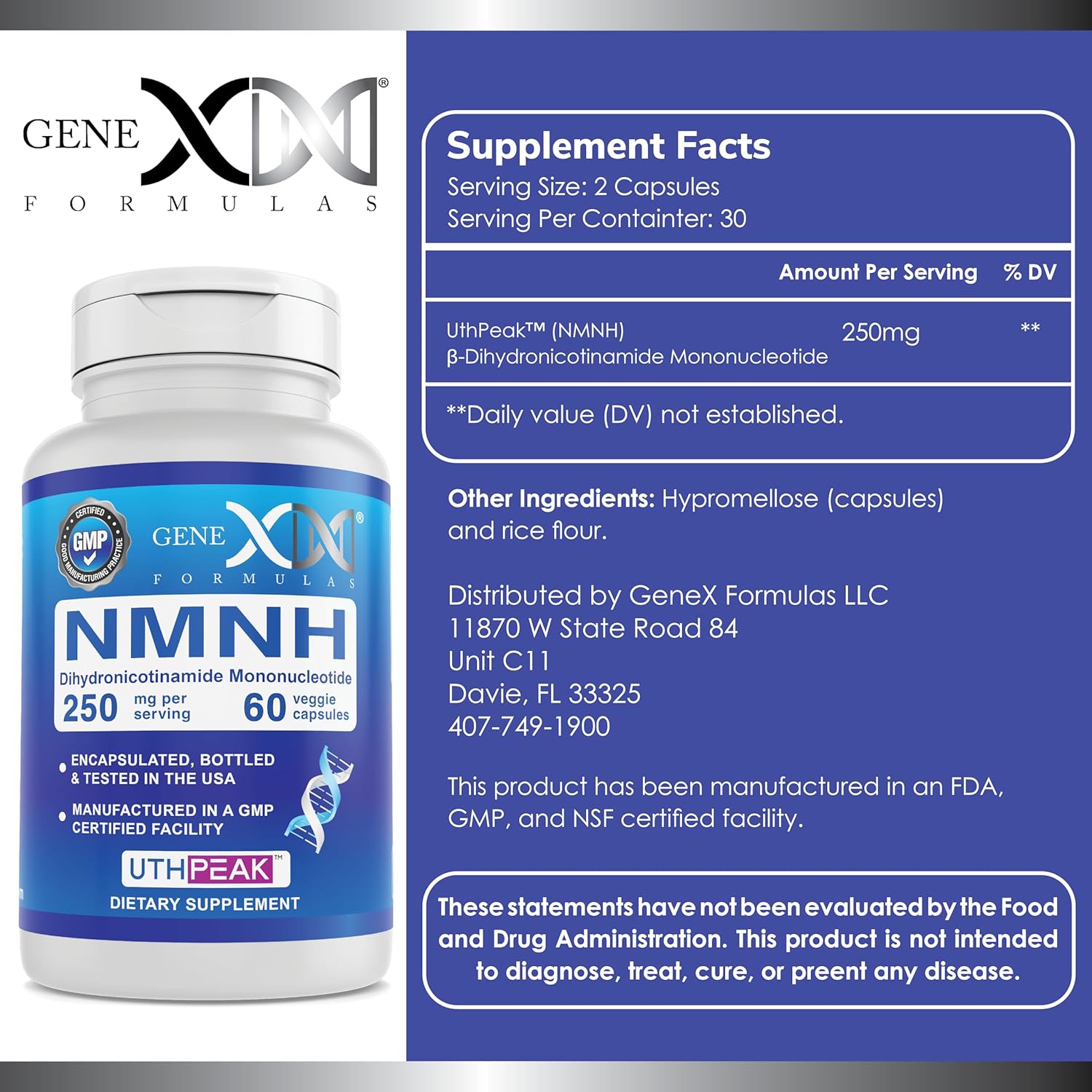 GENEX 250mg NMNH (60 cápsulas – 30 porciones)  Uthpeak NMNH (mononucleótido de dihidronicinamida) NAD+ precursor para un envejecimiento saludable –
