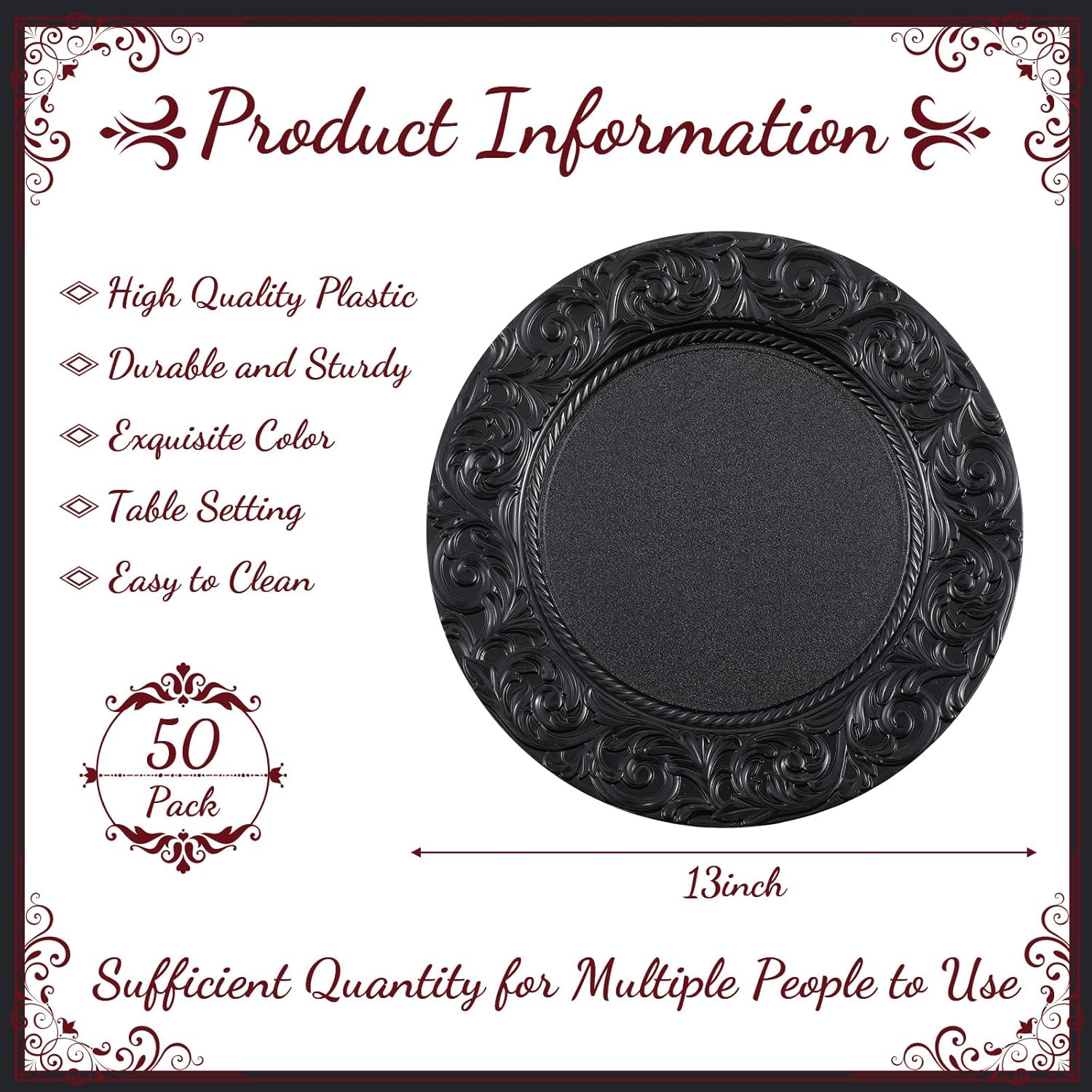 Zhehao 50 unidades de platos antiguos a granel de 13 pulgadas con borde en relieve de plástico, platos redondos decorativos para cenas, bodas,