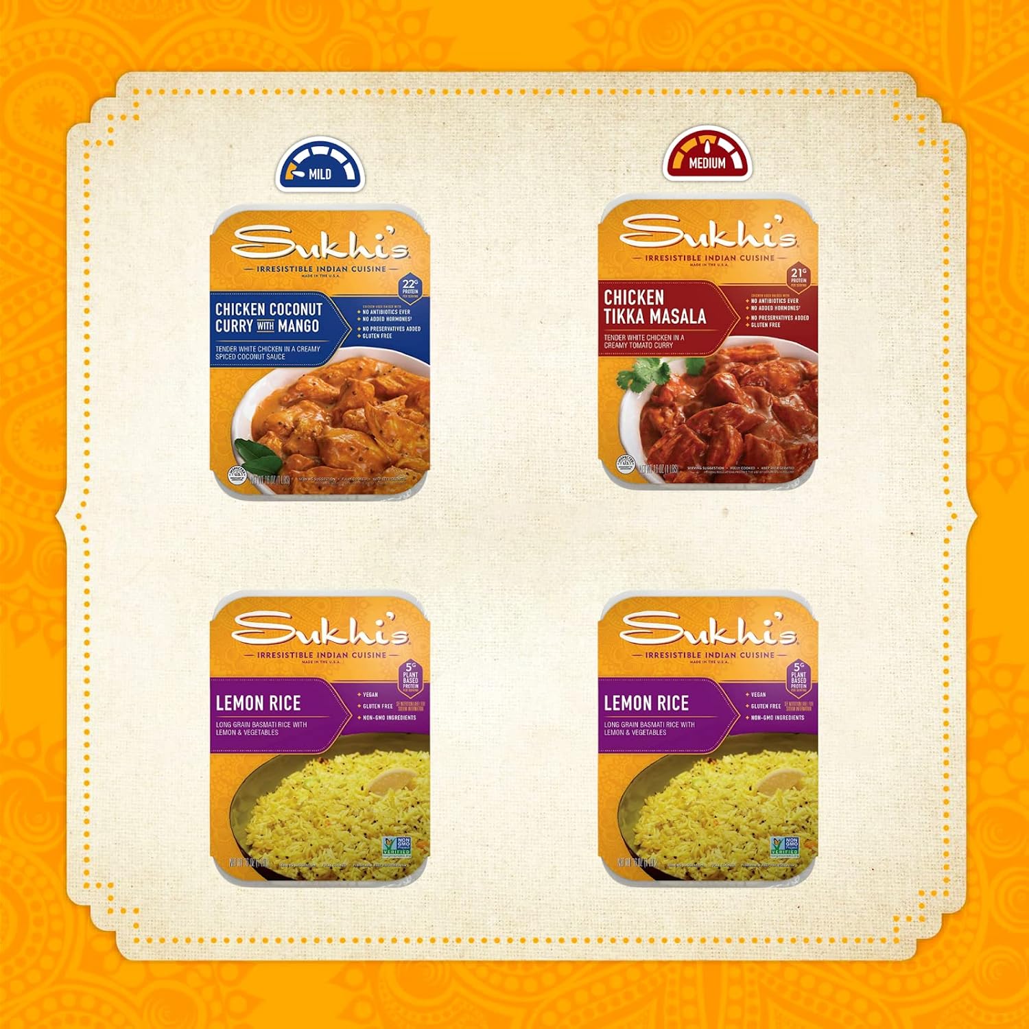 Sukhi’s Platos refrigerados de comida india  Comidas indias listas para comer  Paquete de cena familiar, 4 unidades