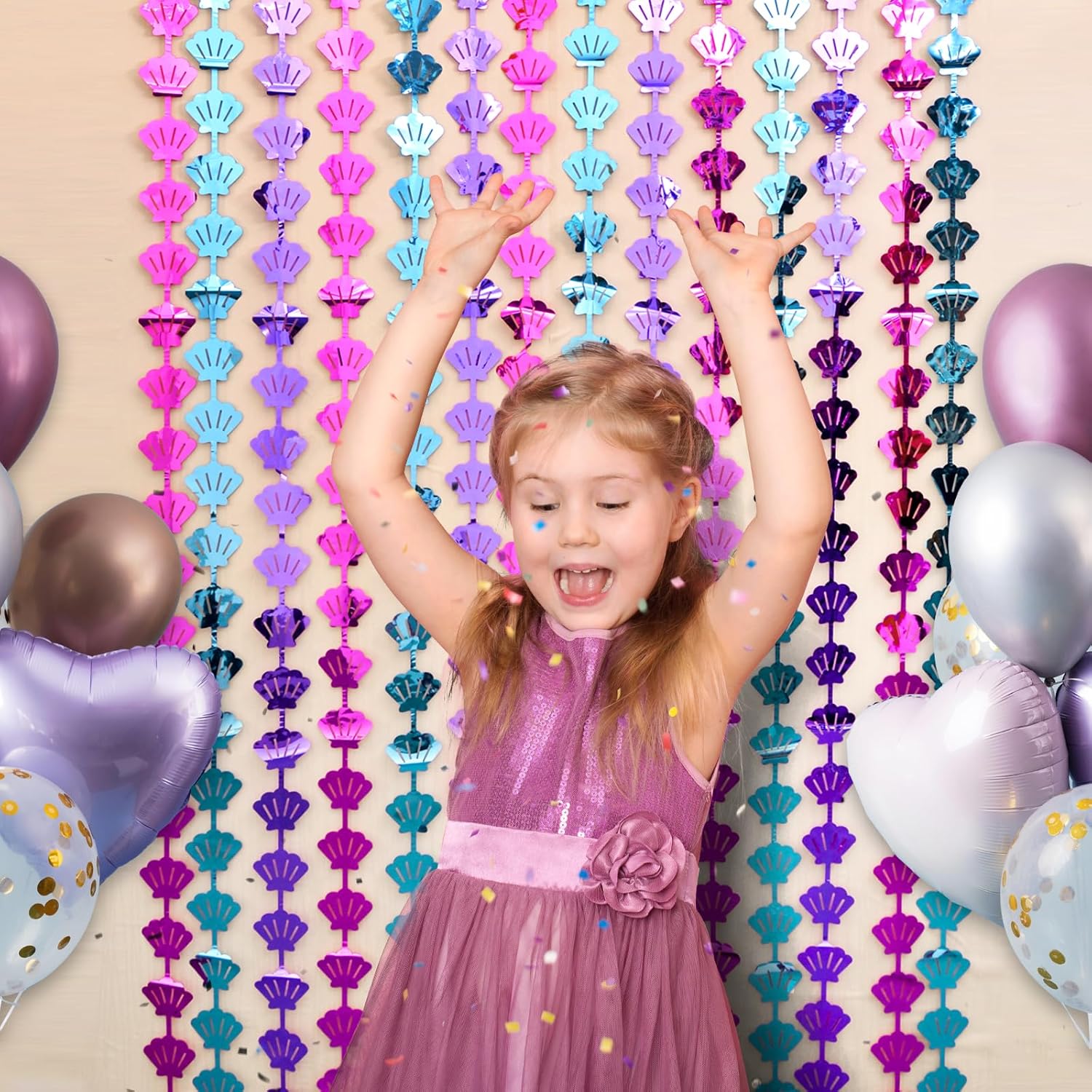 Cortinas de flecos de aluminio con temática de sirena, decoraciones de cumpleaños de sirena, 2 paquetes de 3.3 x 6.6 pies, color azul, morado y