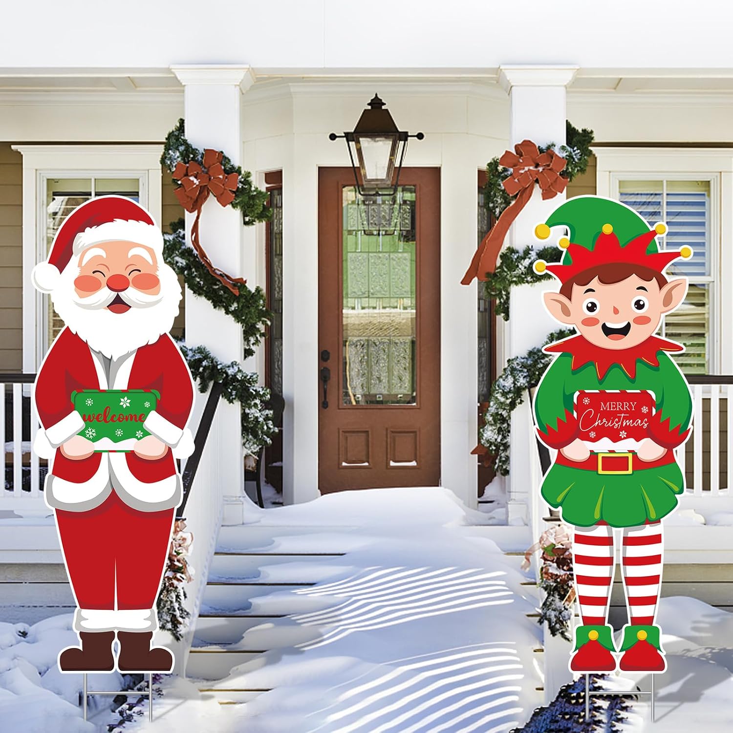 2 carteles de Navidad con estacas de elfo grande, decoraciones de Navidad al aire libre, césped de Navidad, letrero de bienvenida para Navidad,