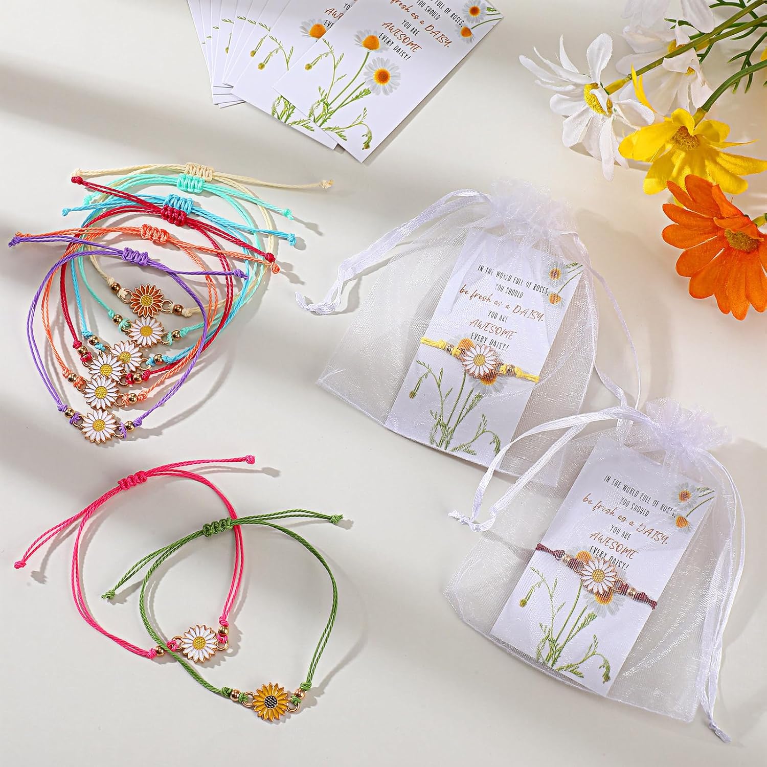 30 juegos de pulseras inspiradoras a granel, regalos de margaritas coloridas, pulsera de margaritas lindas, pulsera de girasol con tarjetas