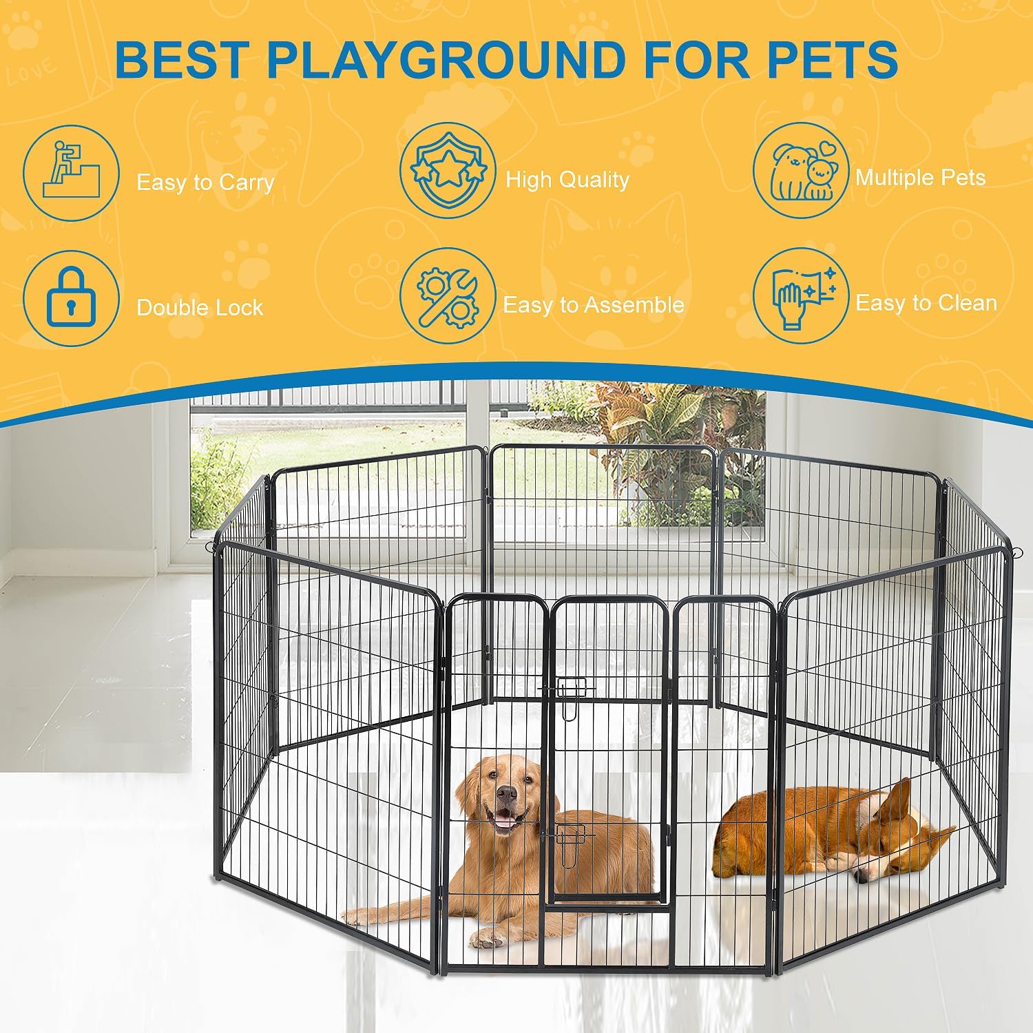Corralito para perros para interiores, corralito de juego para cachorros para interiores y exteriores, valla de metal de 8 paneles con puertas,