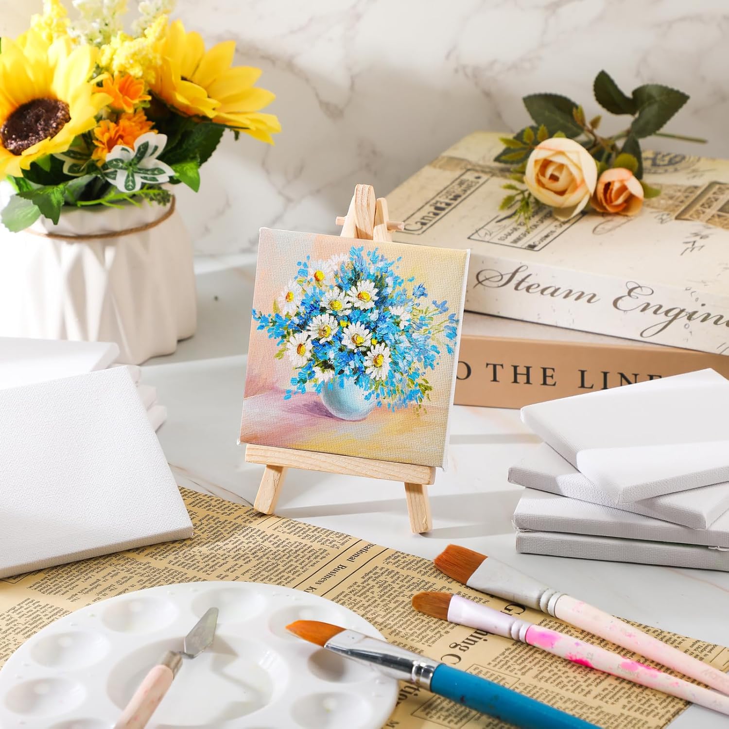 Yeaqee 50 Pcs Mini Painting Canvases Stretched Canvases Panels Square Blank White Small Canvas Boards for Oil, Acrylic Watercolor Paint Painting