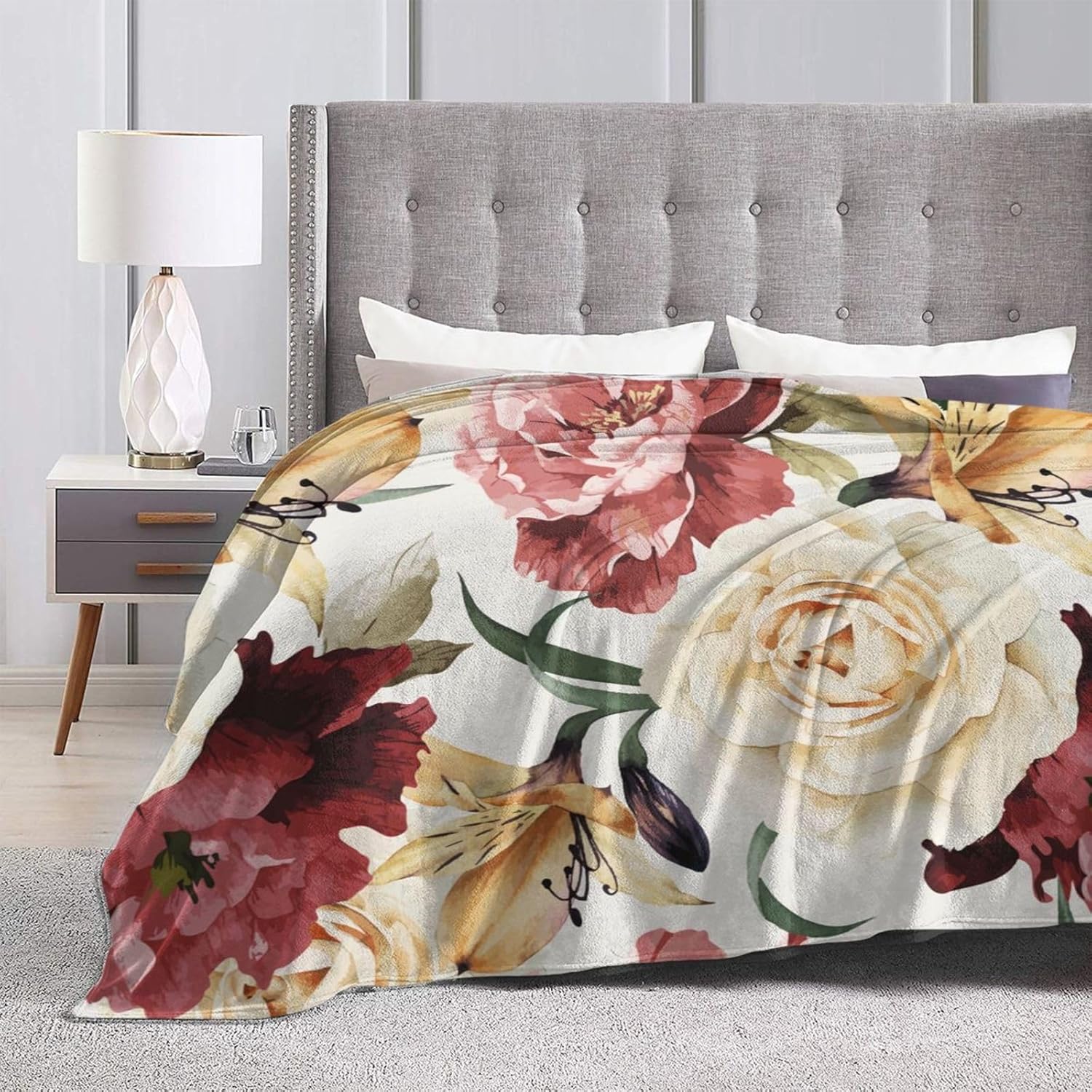 Manta de cama con diseño floral de rosas en acuarela, ultra suave, para todas las estaciones, cálida, ligera, acogedora manta de felpa para el