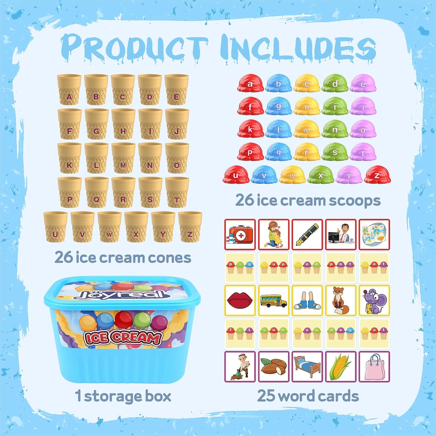 Juguetes de aprendizaje de helado del alfabeto, clasificación de color del alfabeto ABC, juguetes Montessori de cognición fónica para niños
