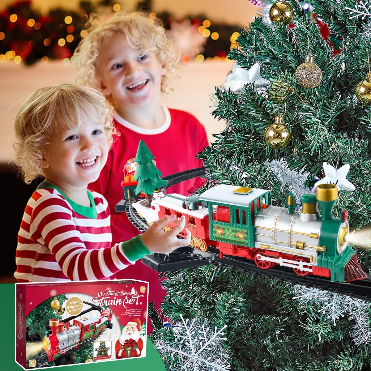 Juego de tren para niños de 2 a 4 años, 41 piezas de juguetes de tren eléctrico para árbol de Navidad, 2 métodos de montaje incluyen 4 autos y 10