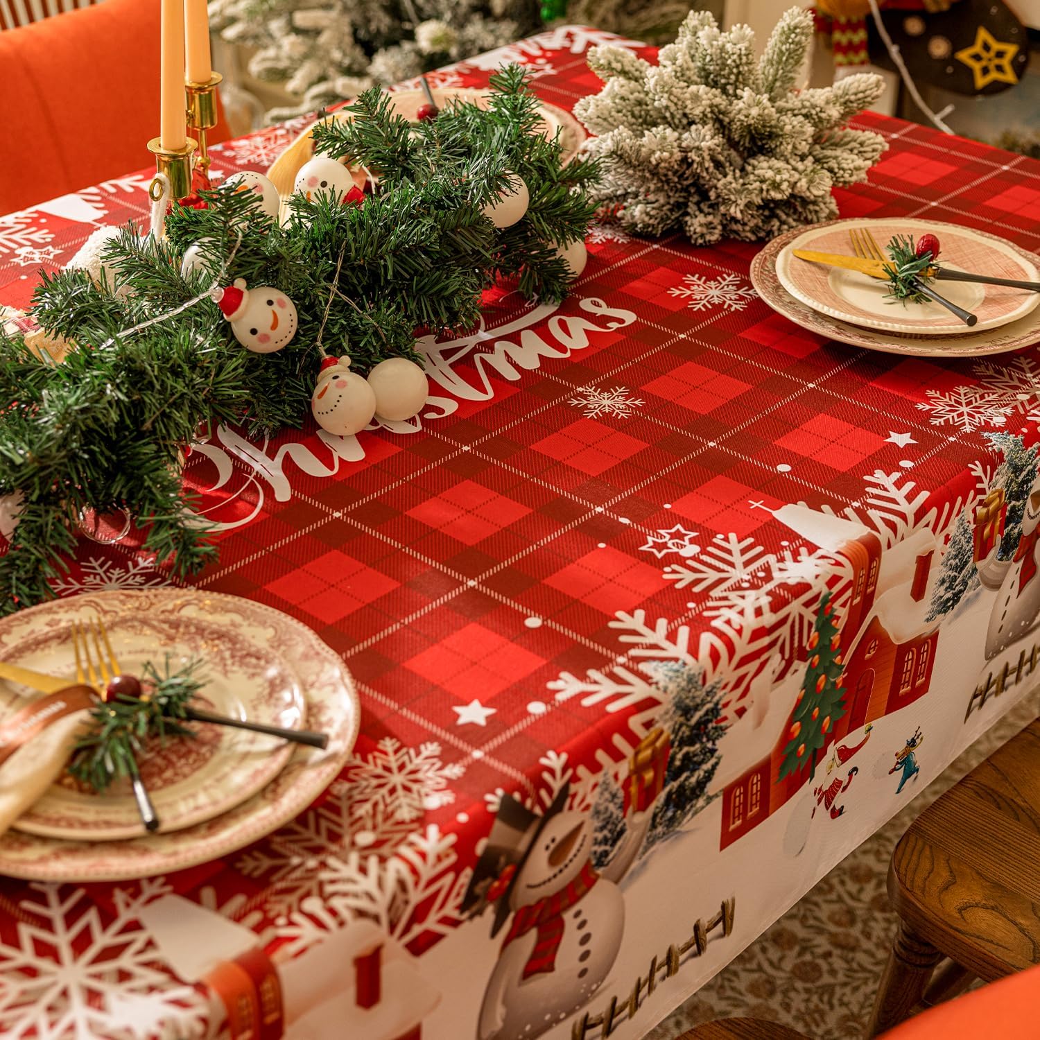 Softalker Mantel rectangular de Navidad  Mantel de poliéster lavable a cuadros rojos con diseño de copo de nieve y copo de nieve para comedor,