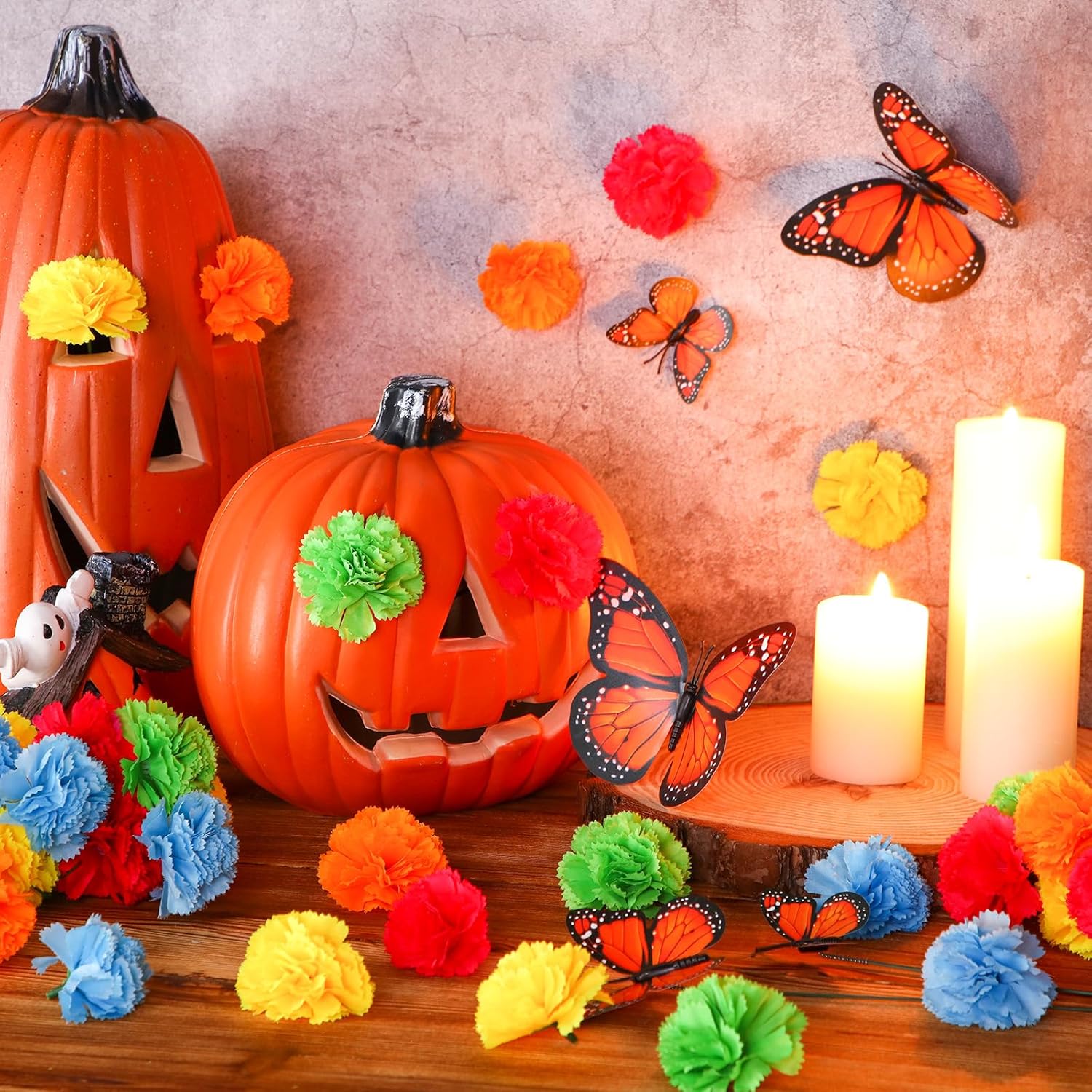 100 piezas de decoración del Día de los Muertos, flores artificiales de caléndula de seda con tallos, mariposas monarca falsas para Diwali Dia De