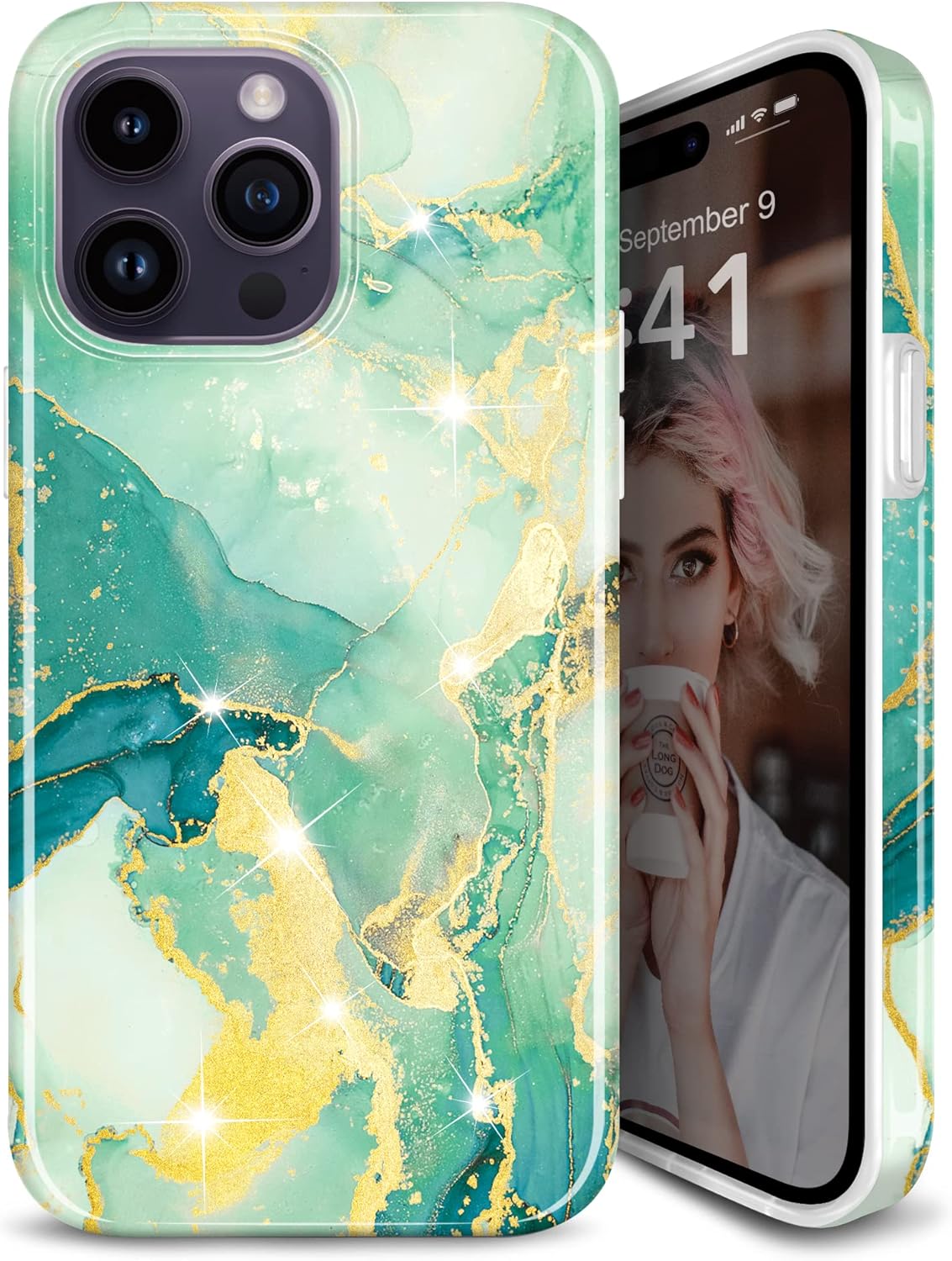 JIAXIUFEN Funda diseñada para iPhone 14 Pro Max, funda dorada con purpurina de mármol, delgada, a prueba de golpes, funda de silicona de goma suave