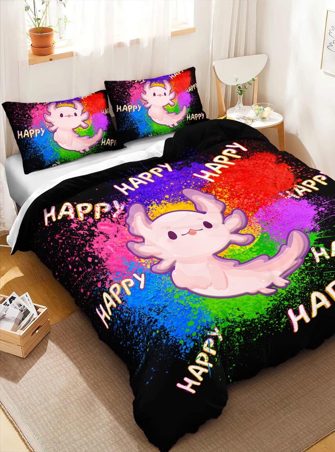 HOSIMA Axolotl – Juego de ropa de cama Kawaii para decoración de dormitorio de niños, fondo de tinta colorido, juego de funda de edredón de 3