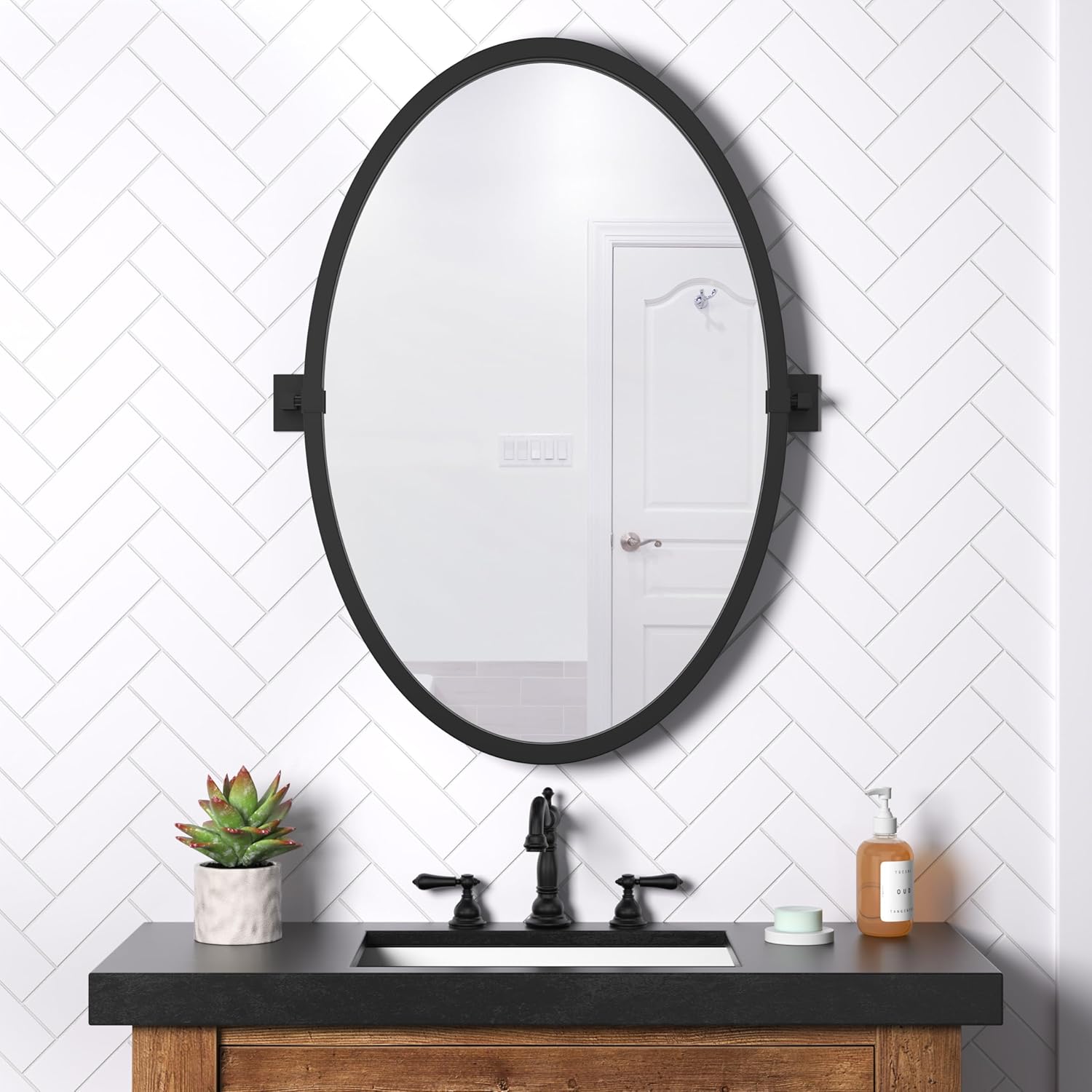 HMANGE Espejo ovalado con marco de metal negro para baño, moderno espejo de tocador montado en la pared para baño, espejo pivote para sobre el