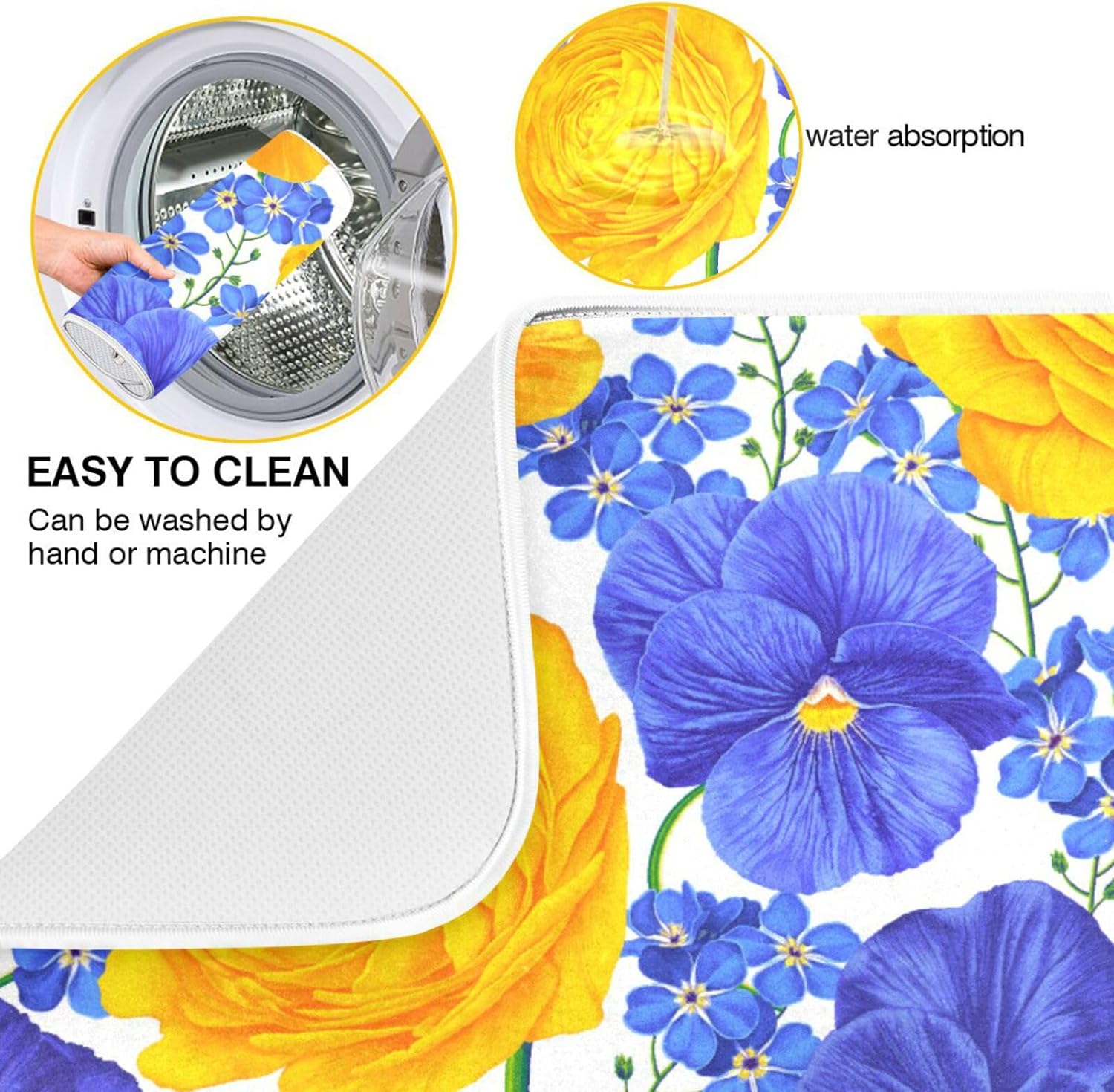 Botanical Realistic Flowers Dish Mat Washnable Absorbent Drying Mat For Kitchen Counter Dish Drainer Cloth Tapete Para Cocina 16” x 18”