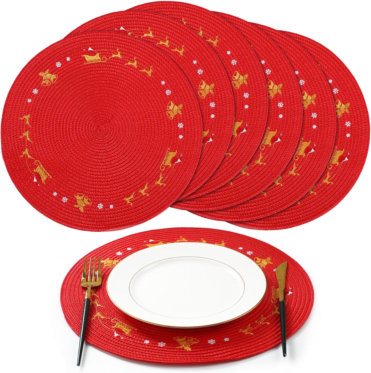 Tioncy 6 manteles individuales de plástico redondos de Navidad con copos de nieve rojos de 13.4 pulgadas, mantel individual de reno de invierno con