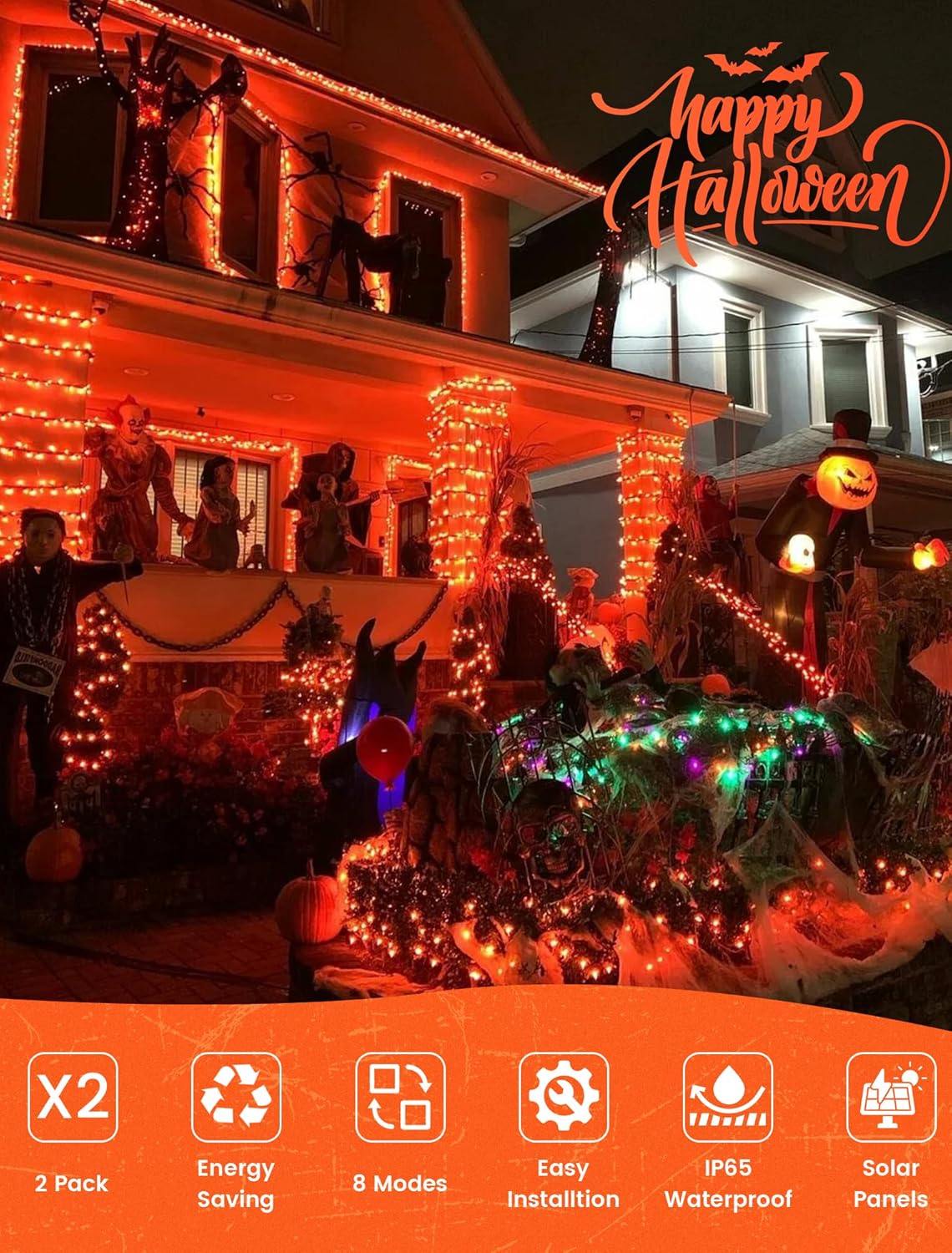 BEEWIN Paquete de 2 luces solares naranjas para exteriores, cada cadena de 100 luces LED solares de Halloween de 33 pies, alambre de cobre
