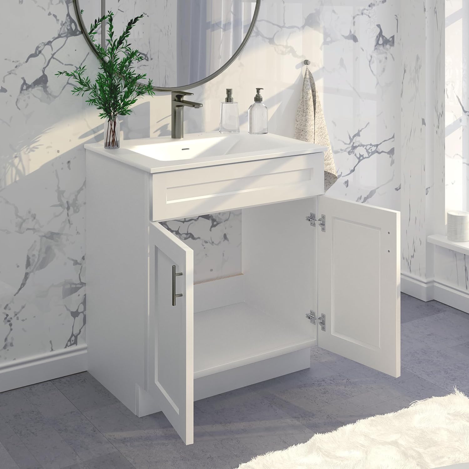 Lavabo de baño blanco con base de coctelera de 24″30″36″ de ancho, armario listo para montar (30″ de ancho)