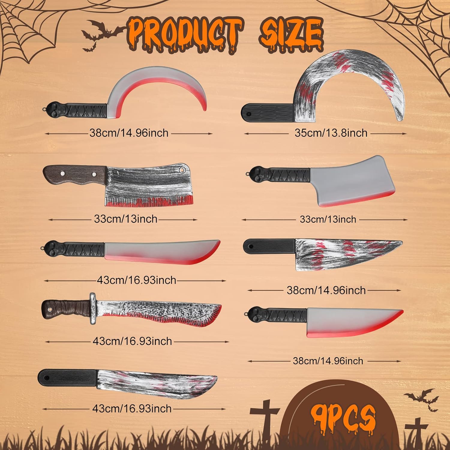 Vinsot Juego de 9 cuchillos de Halloween de plástico, cuchillo de carnicero, machete, cuchillo slasher, accesorio de disfraz, cuchillo de sangrado