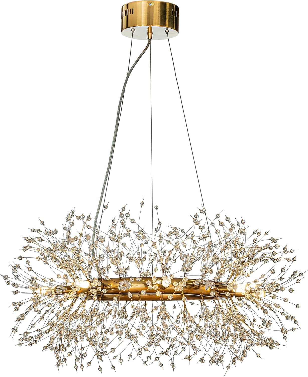 Bombilla incluida, 8 luces de 31.5 pulgadas de ancho, lámpara de cristal de fuegos artificiales de oro antiguo, lámpara moderna de rueda de carro,