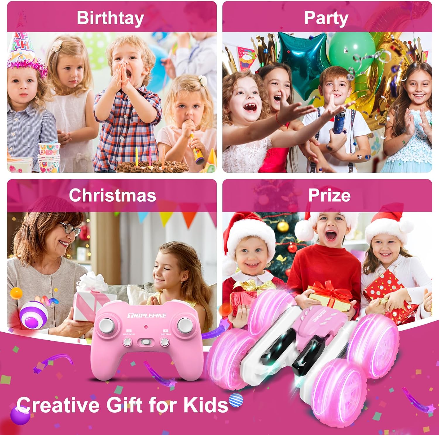 Coche de control remoto para niñas, auto de acrobacias rápidas LED, autos RC de 2.4 GHz, 4WD de doble cara giratoria de 360, juguetes para