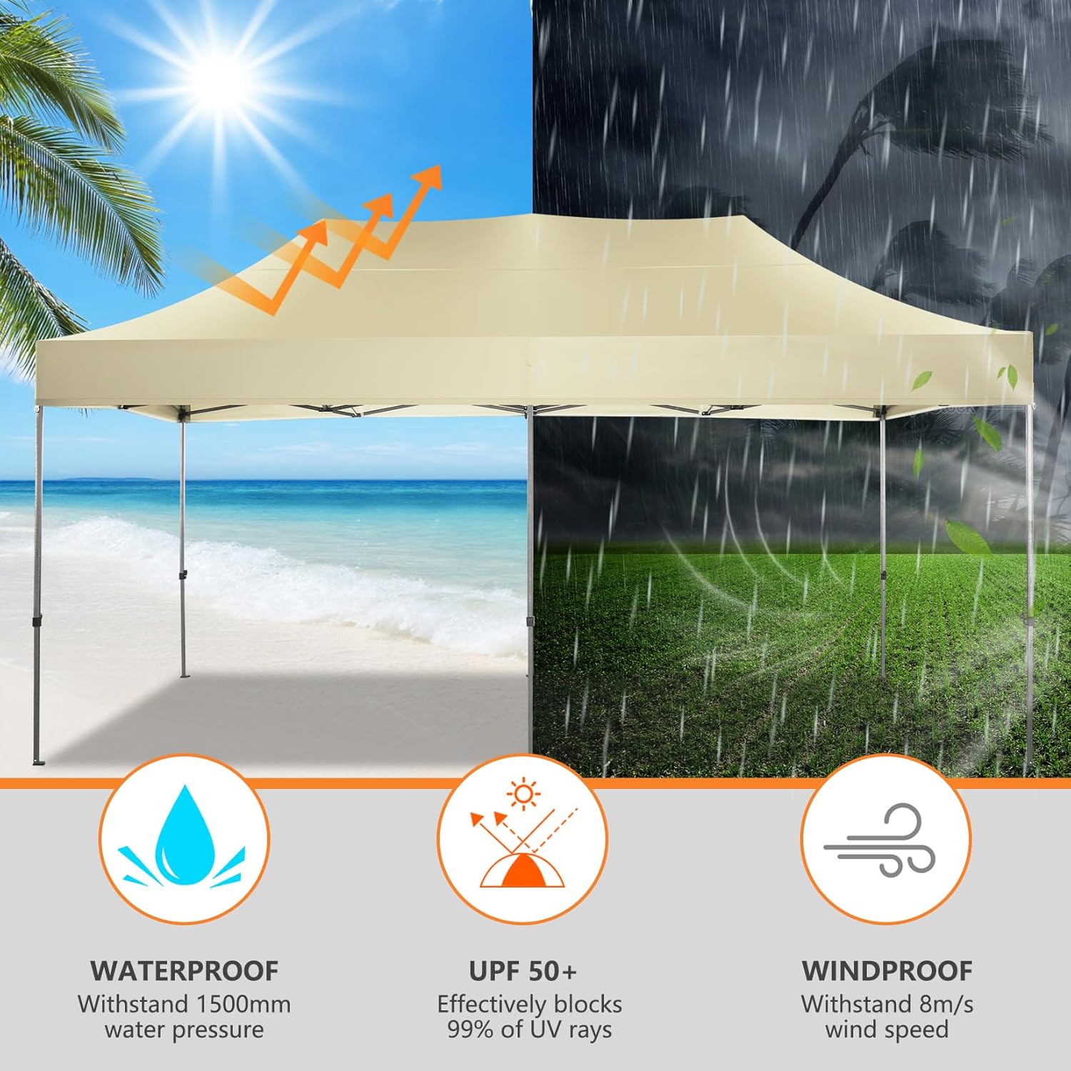 Tooluck Toldo desplegable resistente de 10 x 20 pulgadas, altura ajustable, toldo comercial fácil de instalar, UPF 50+, impermeable, al aire libre,