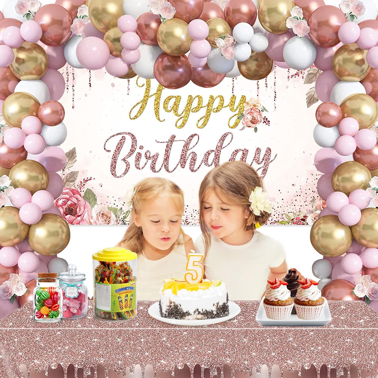 Decoraciones florales de feliz cumpleaños para mujer, 131 piezas de suministros de fiesta de cumpleaños con flores de oro rosa, incluyendo telón de