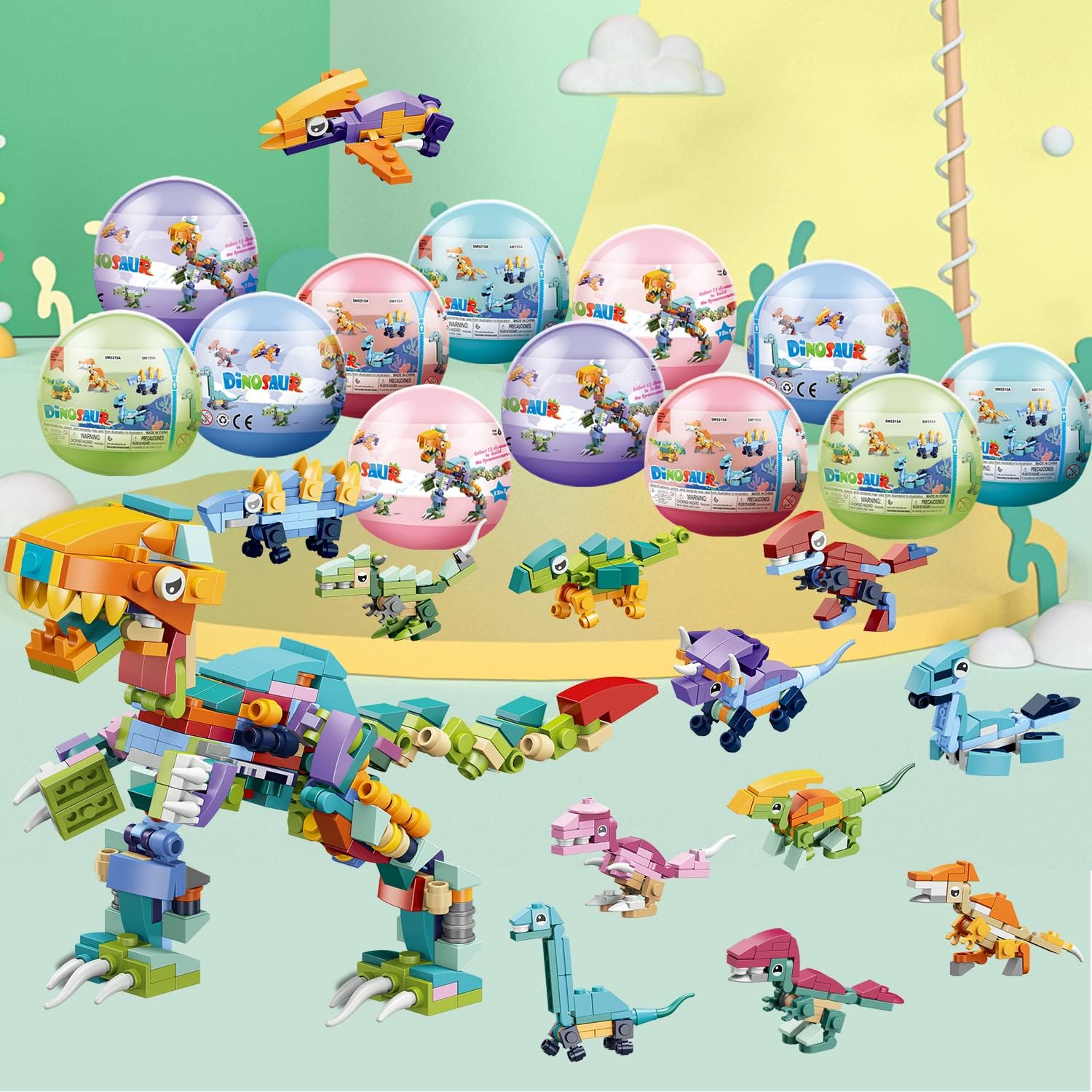 Juego de bloques de construcción de dinosaurios prellenados 12 en 1, 12 piezas de mini bloques de construcción, juguetes de bloques de construcción