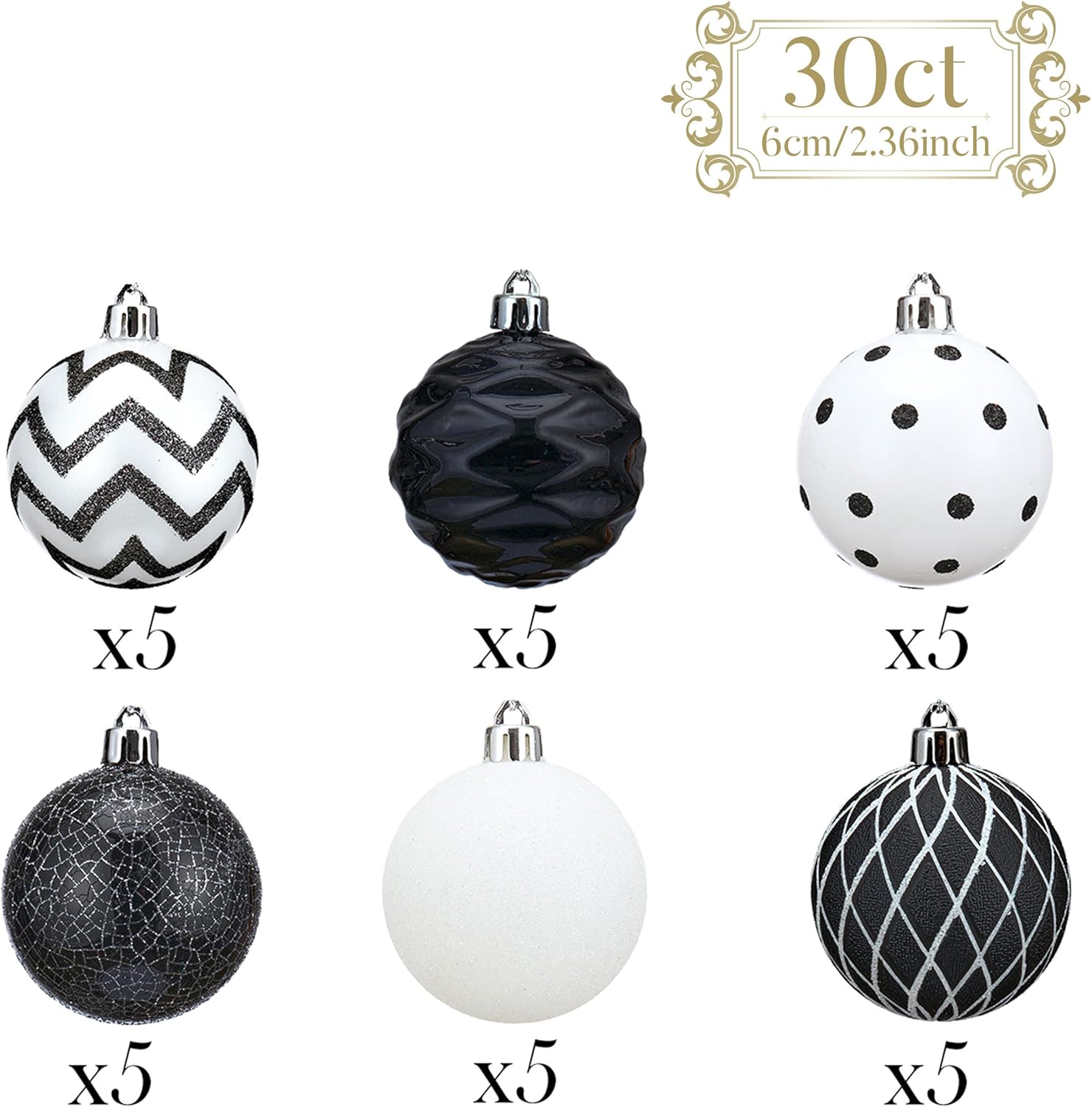 Valery Madelyn Juego de adornos de bolas de Navidad inastillables, 30 unidades, blanco y negro, 2.36 pulgadas, decoraciones modernas para colgar