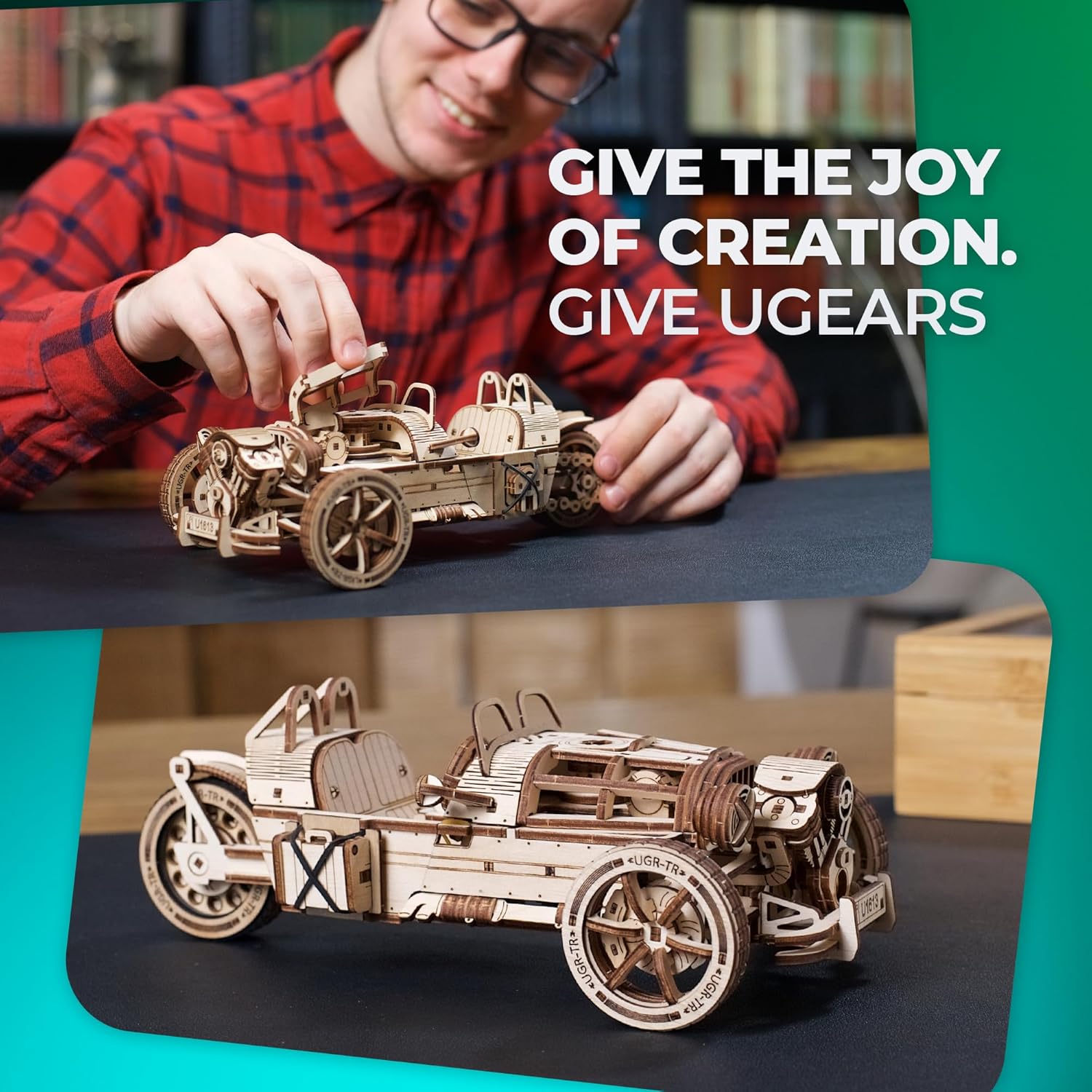 Ugears UGR-S de tres ruedas – Kit de modelo de motocicleta de madera – Rompecabezas 3D para adultos – Kits de modelos de madera para construir – Kit