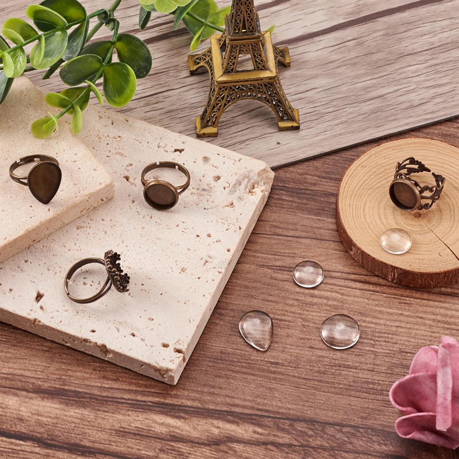 40 anillos de bronce antiguo, anillos de latón ajustables, anillos retro en blanco con ranuras, 40 cabujones de vidrio para mujeres, manualidades de