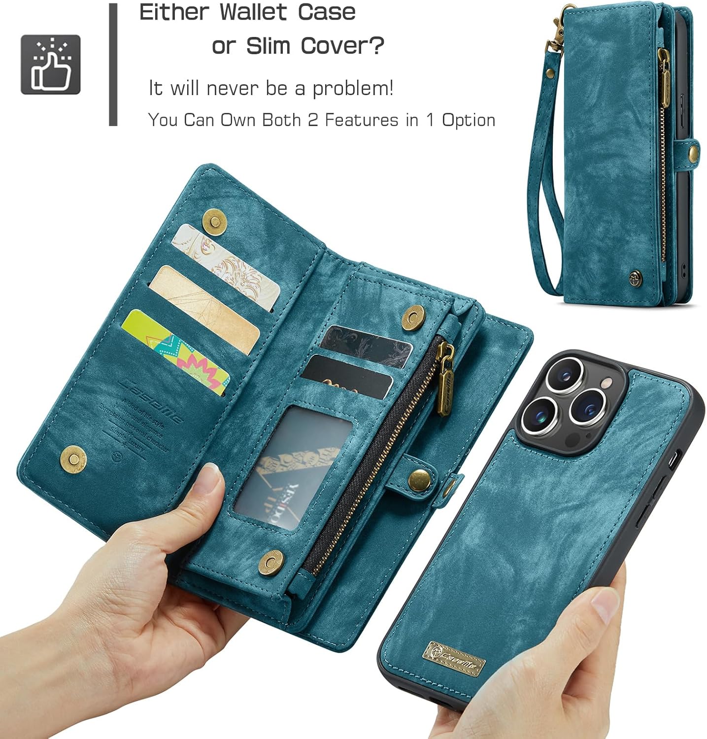 Kowauri Funda tipo cartera para iPhone 15 Pro, cartera de piel con cremallera y soporte para tarjetas, correa para la muñeca, desmontable,