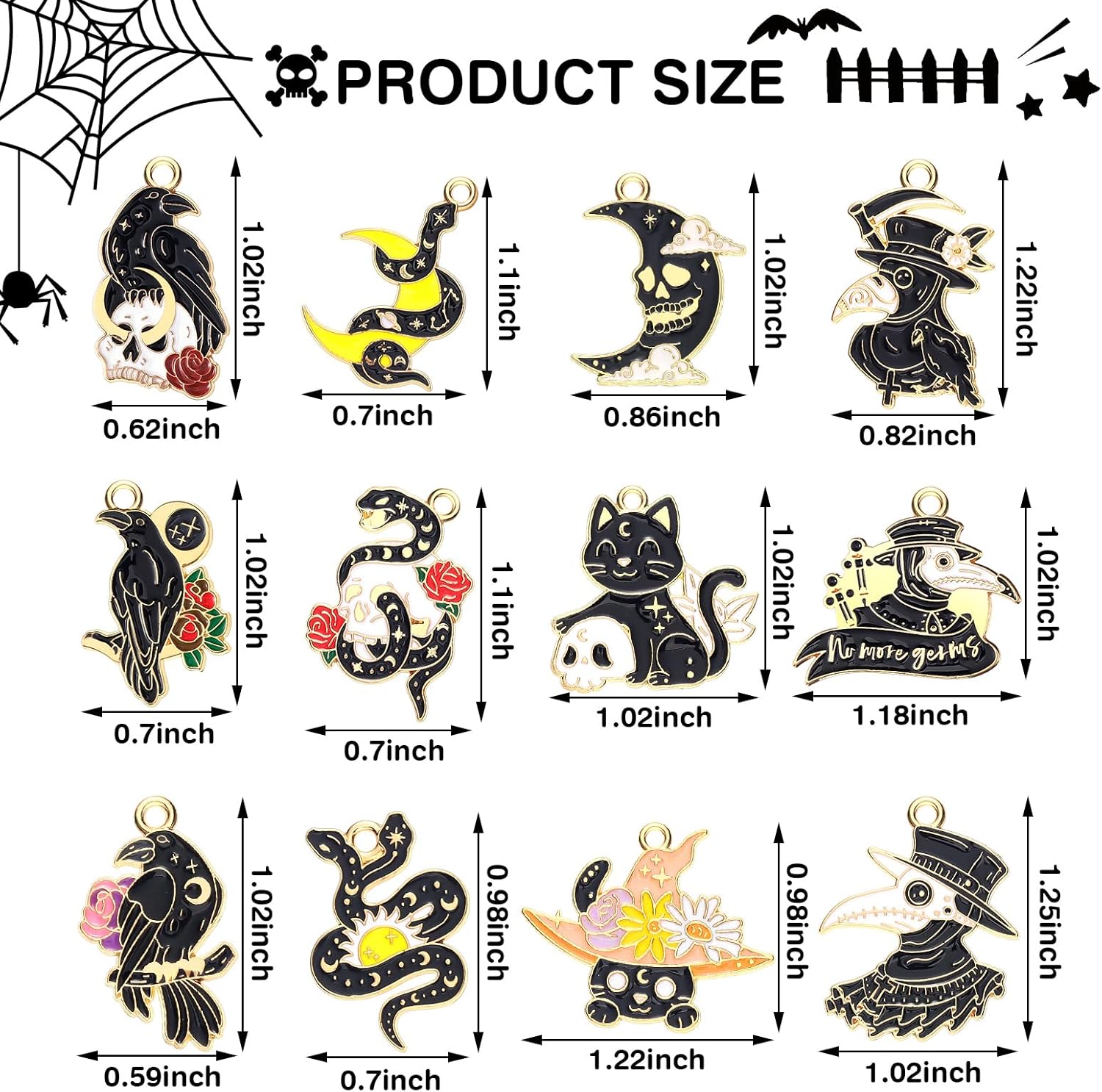 Sasylvia 48 dijes de Halloween para fabricación de joyas, dijes góticos negros, incluyen 12 estilos de cuervo, calavera, serpiente, gato, luna para