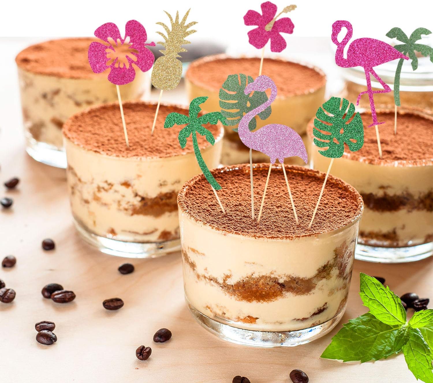 50 piezas tropicales hawaianas Luau Cupcake Toppers con purpurina Hawaii Cake Cocktail Palillo de dientes flamenco piña hibisco flores hojas de