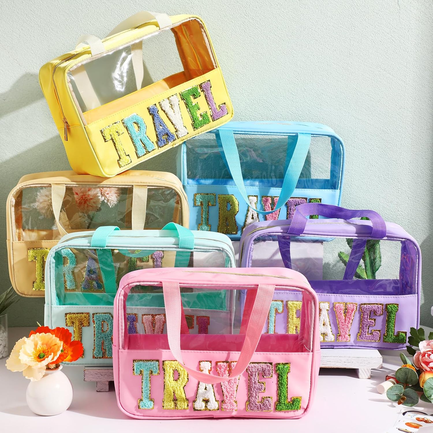 Kacctyen Juego de 6 bolsas de maquillaje de chenilla con letras transparentes, bolsa de cosméticos impermeable de PVC y nailon, organizador de
