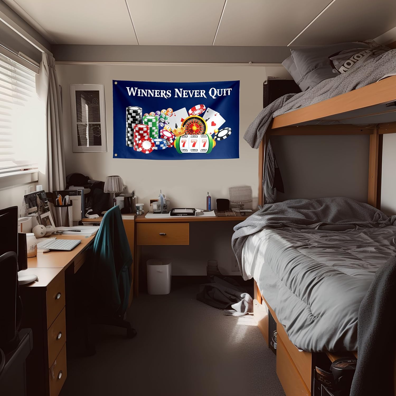 Winners Never Quit Banderas divertidas Meme Cool Flags Banner de 3 x 5 pies Room Guys College Dormitorio Cueva de Hombre Decoración de pared para